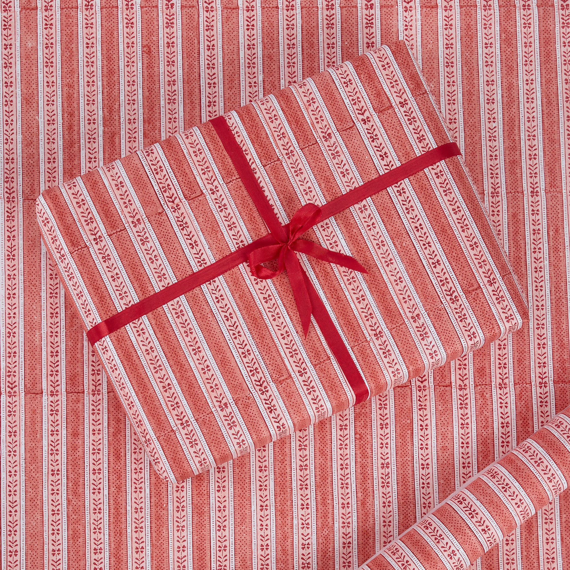 Garnet Red Floral Stripe – Hand Block Printed Wrapping Paper Sheet ( 21" x 29" | 100% Recycled Cotton Paper)