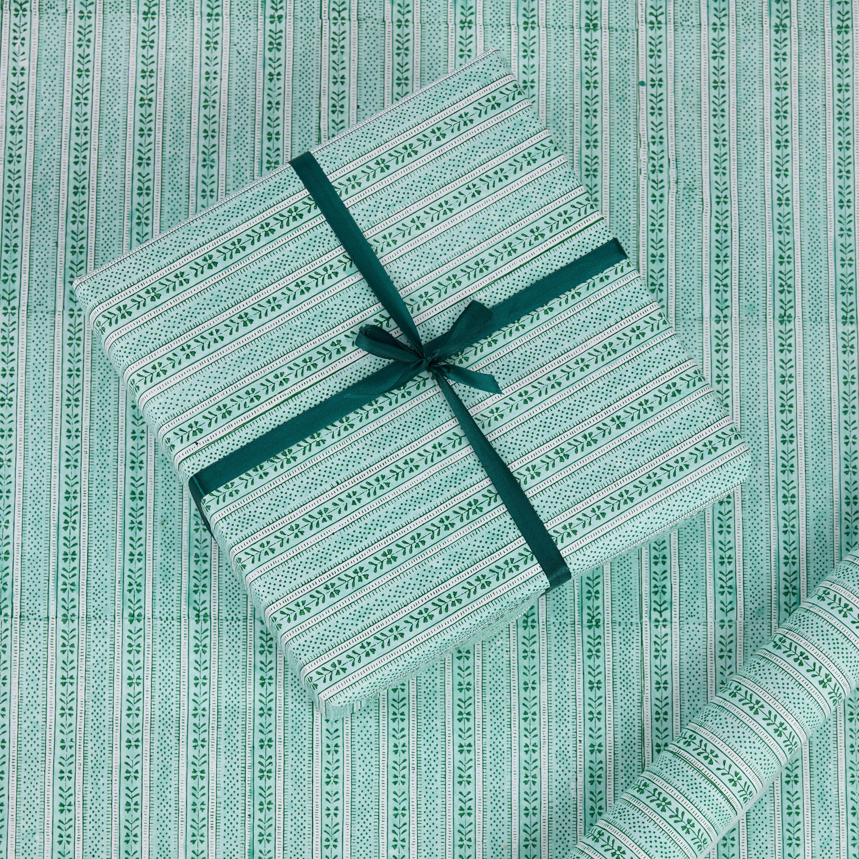 Celadon Green Floral Stripe – Hand Block Printed Wrapping Paper Sheet ( 21" x 29" | 100% Recycled Cotton Paper)