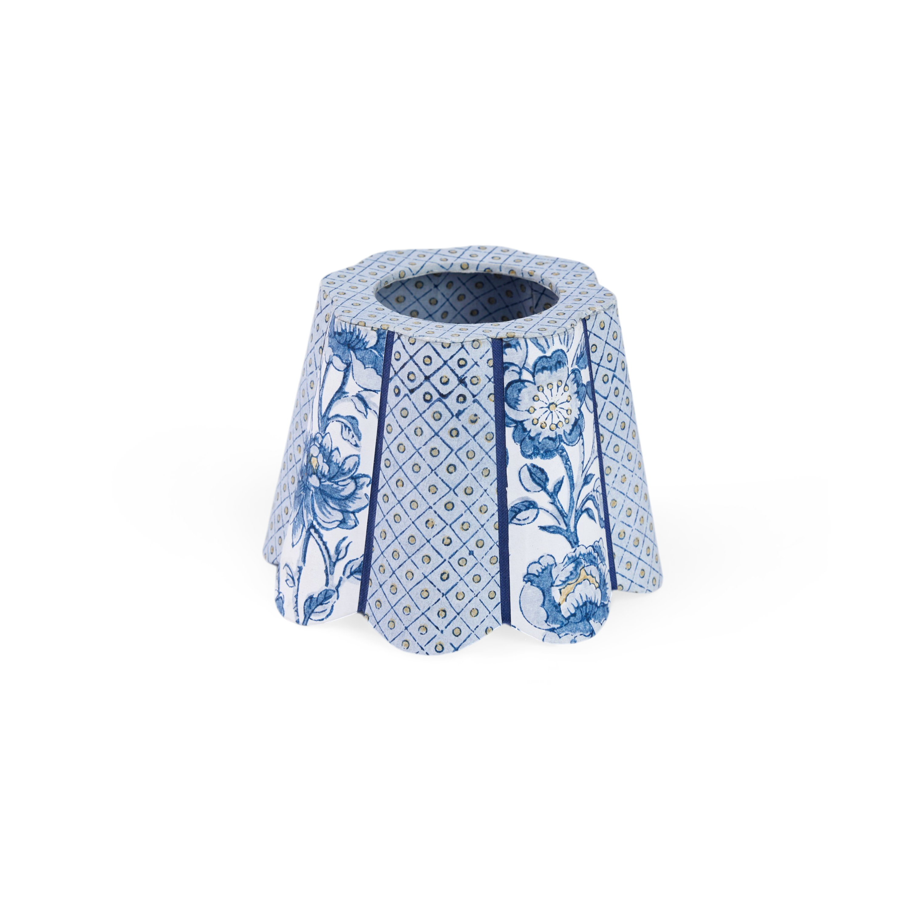 Harbor Blue Blooming Trellis – Hand Block Printed Lampshade Cover (4" H x 5.5" W x 4" Ø | 100% Recycled Cotton Handmade Paper)