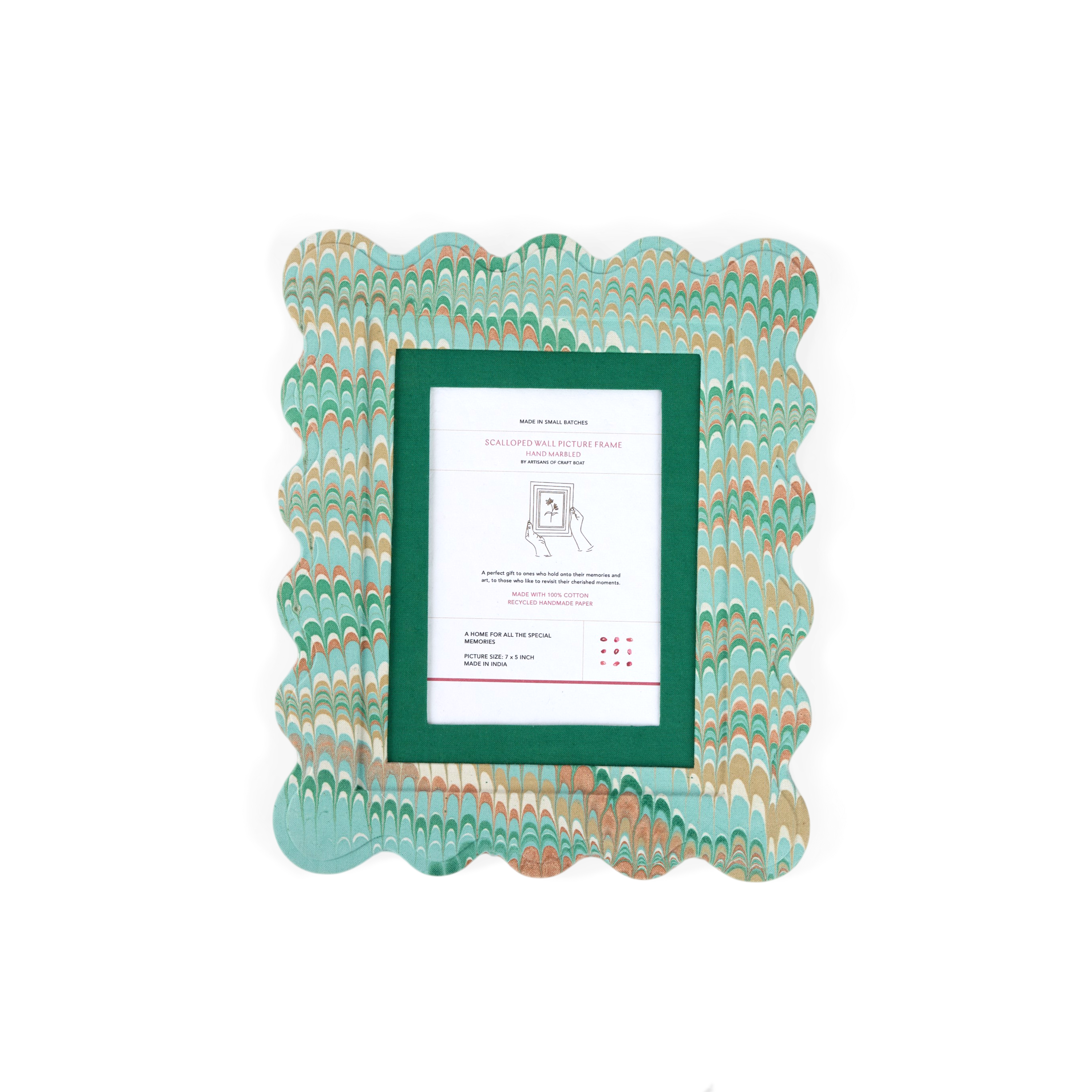 Celadon Green Mountain – Hand Marbled Scalloped Picture Frame  | 12" x 10", fits 7" x 5" photo