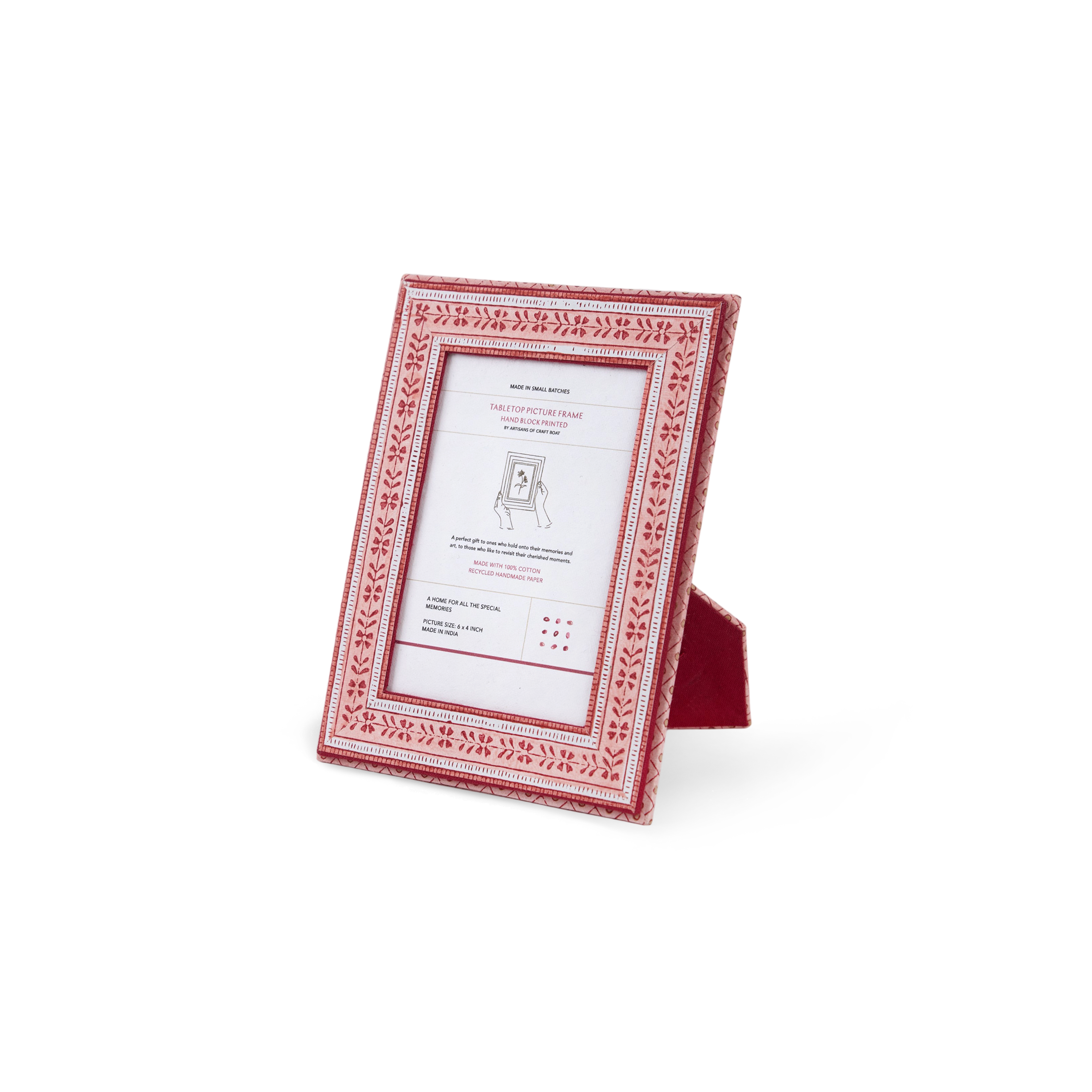 Garnet Red Floral Stripe – Hand Block Printed Tabletop Picture Frame (7.25" x 5.75", fits 6" x 4" photo)