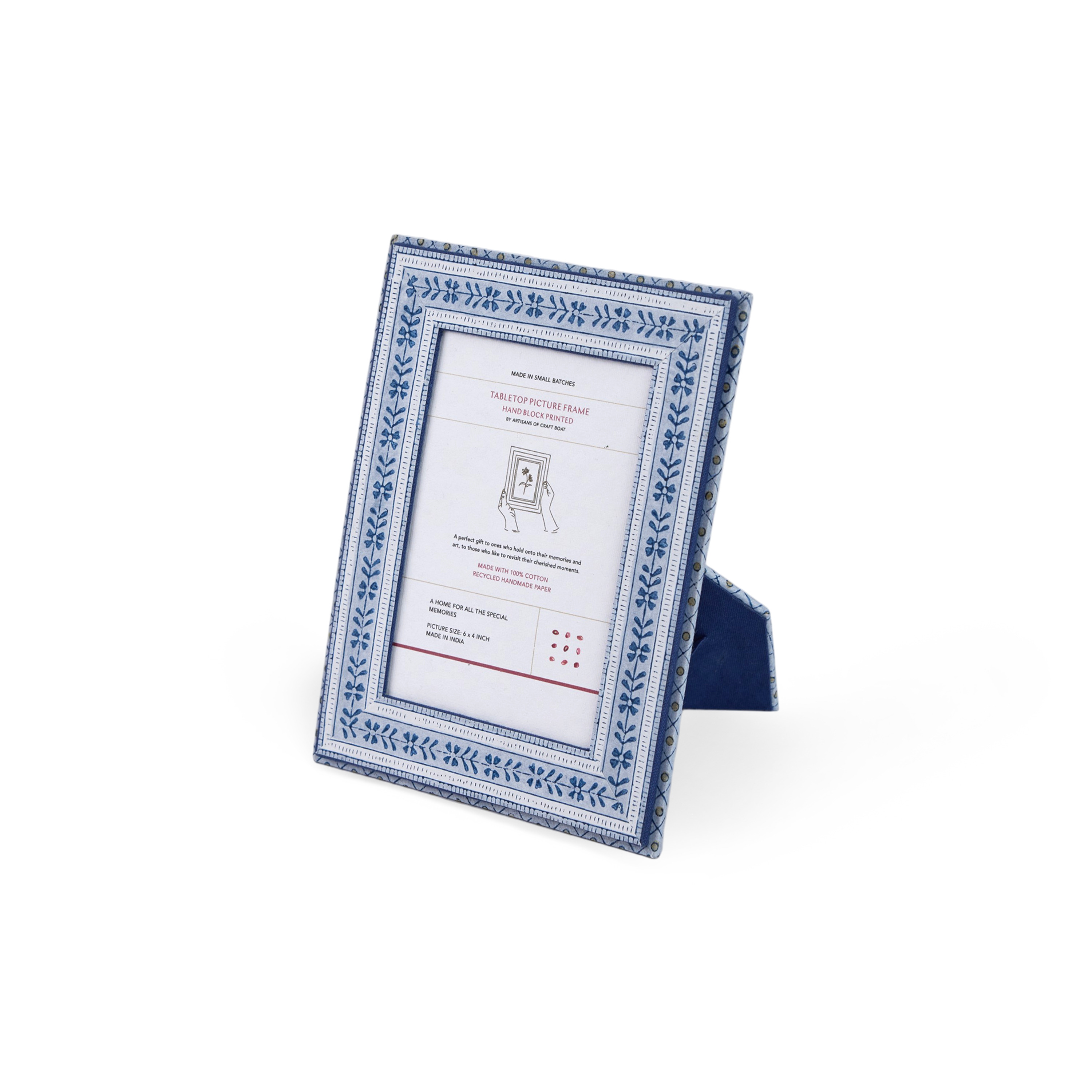 Harbor Blue Floral Stripe – Hand Block Printed Tabletop Picture Frame (7.25" x 5.75", fits 6" x 4" photo)