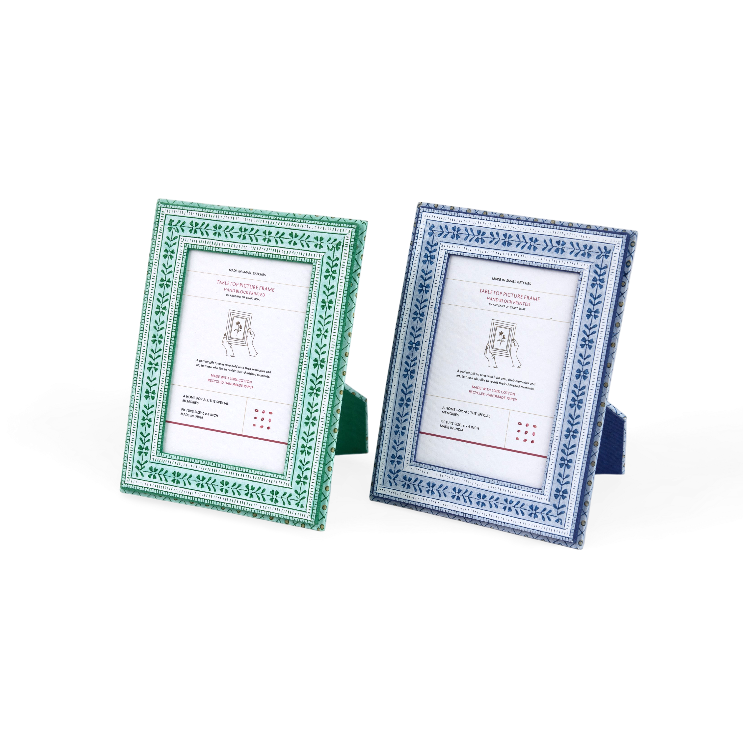 Celadon Green Floral Stripe – Hand Block Printed Tabletop Picture Frame (7.25" x 5.75", fits 6" x 4" photo)