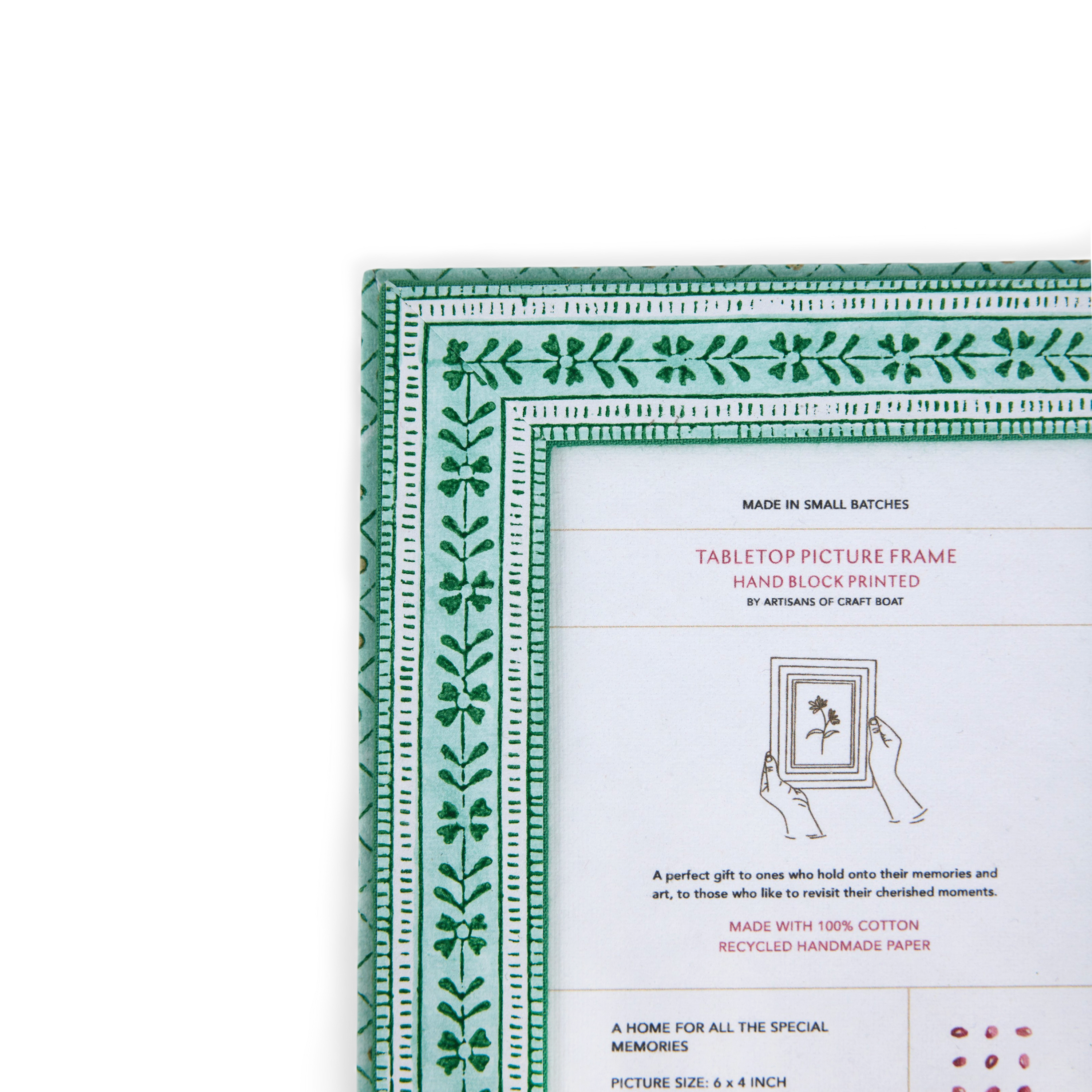 Celadon Green Floral Stripe – Hand Block Printed Tabletop Picture Frame (7.25" x 5.75", fits 6" x 4" photo)