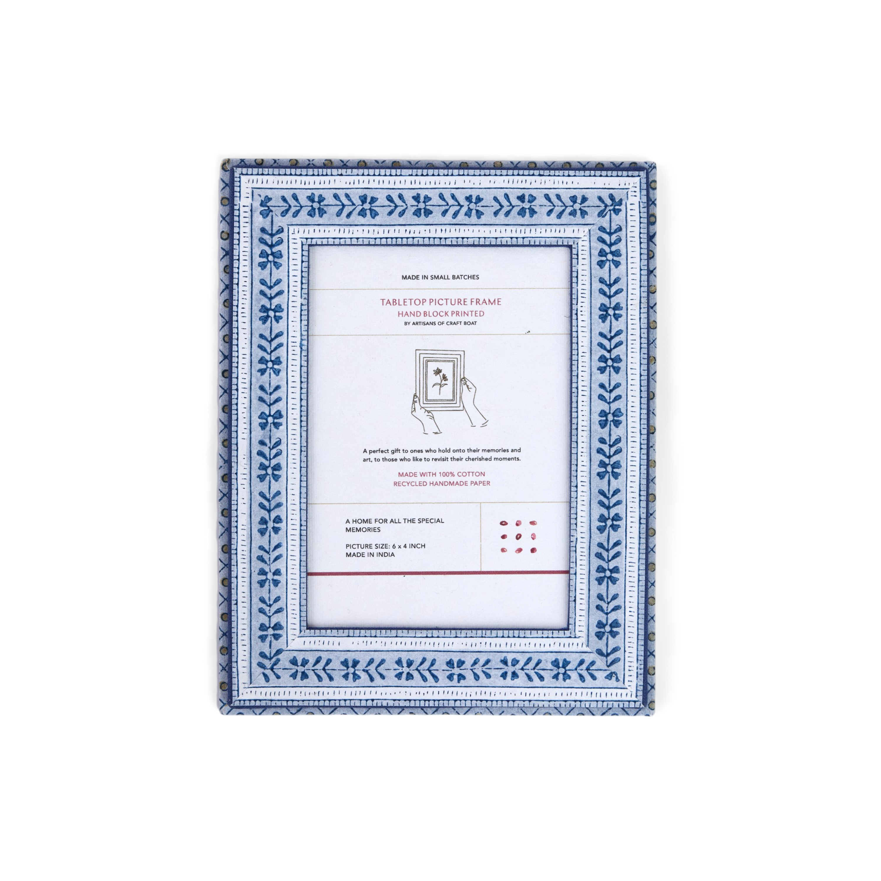 Harbor Blue Floral Stripe – Hand Block Printed Tabletop Picture Frame (7.25" x 5.75", fits 6" x 4" photo)