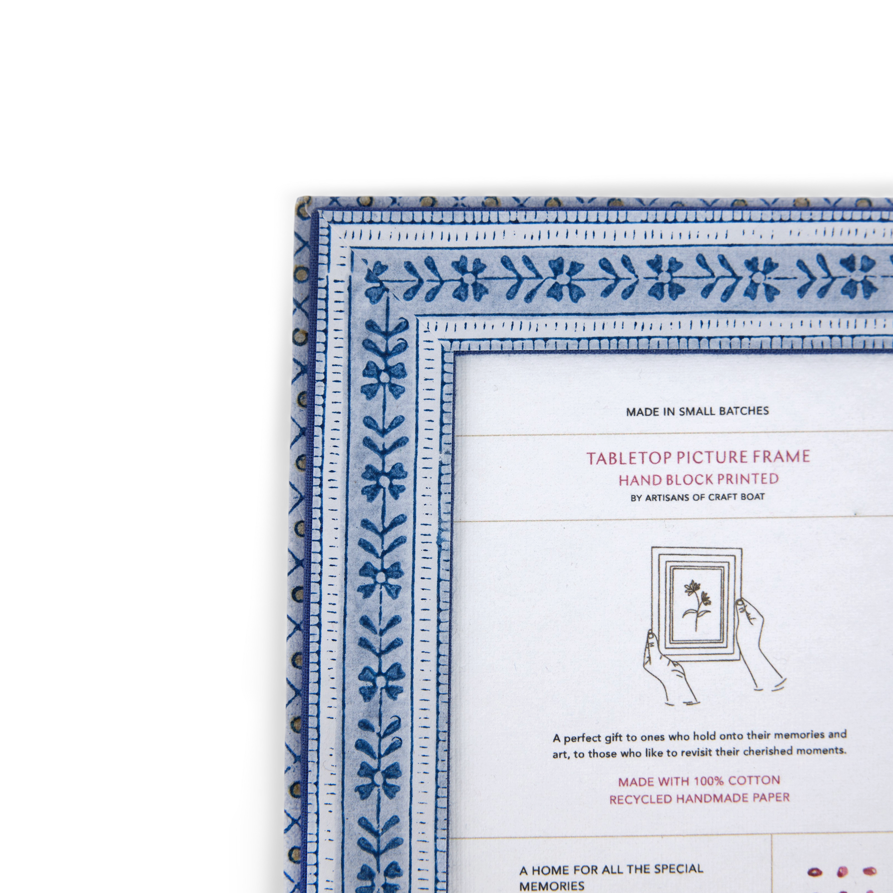 Harbor Blue Floral Stripe – Hand Block Printed Tabletop Picture Frame (7.25" x 5.75", fits 6" x 4" photo)