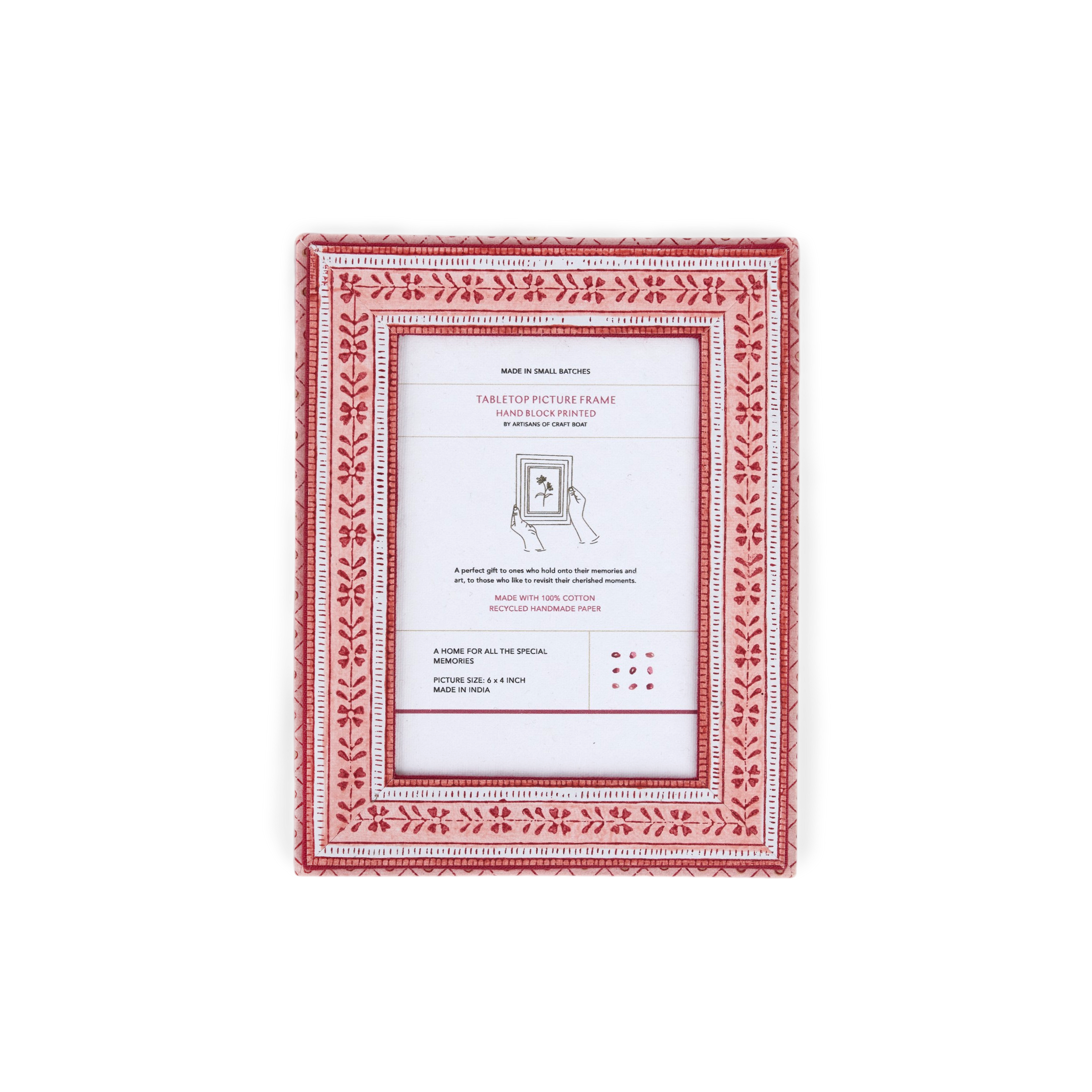 Garnet Red Floral Stripe – Hand Block Printed Tabletop Picture Frame (7.25" x 5.75", fits 6" x 4" photo)