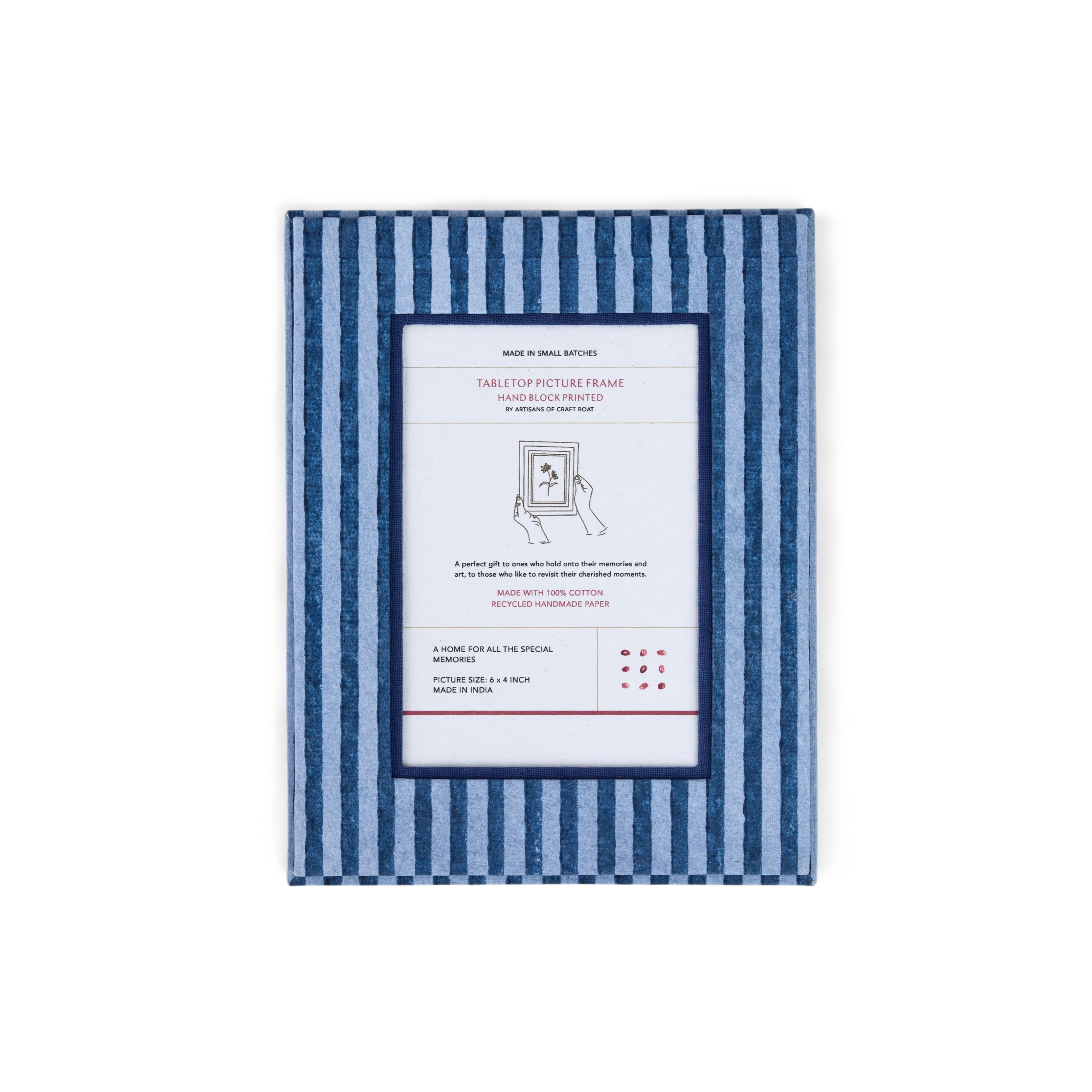 Harbor Blue Classic Stripe – Hand Block Printed Tabletop Picture Frame (7.25" x 5.75", fits 6" x 4" photo)