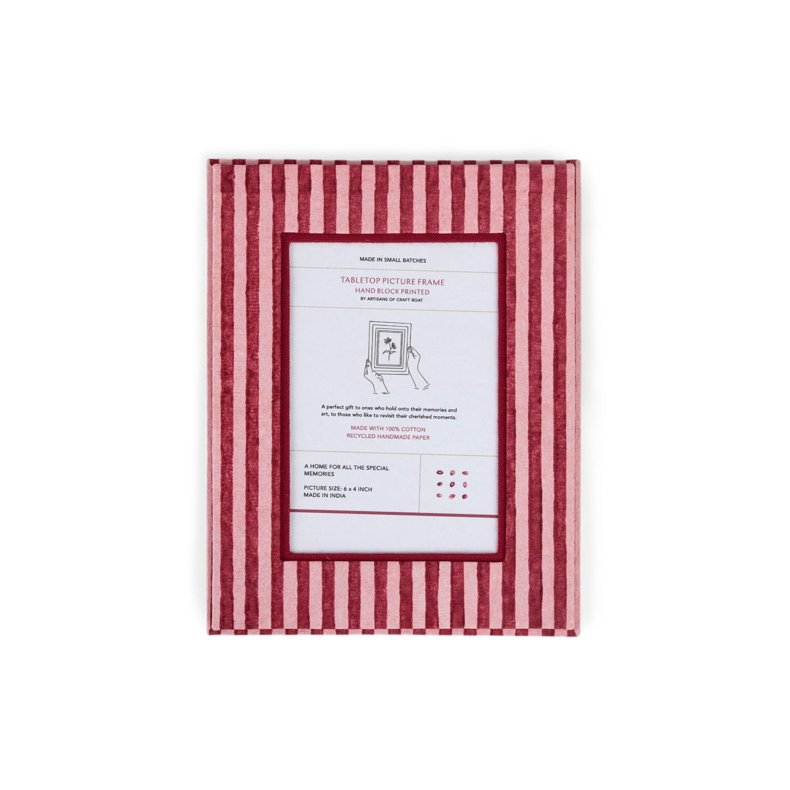Garnet Red Classic Stripe – Hand Block Printed Tabletop Picture Frame (7.25" x 5.75", fits 6" x 4" photo)