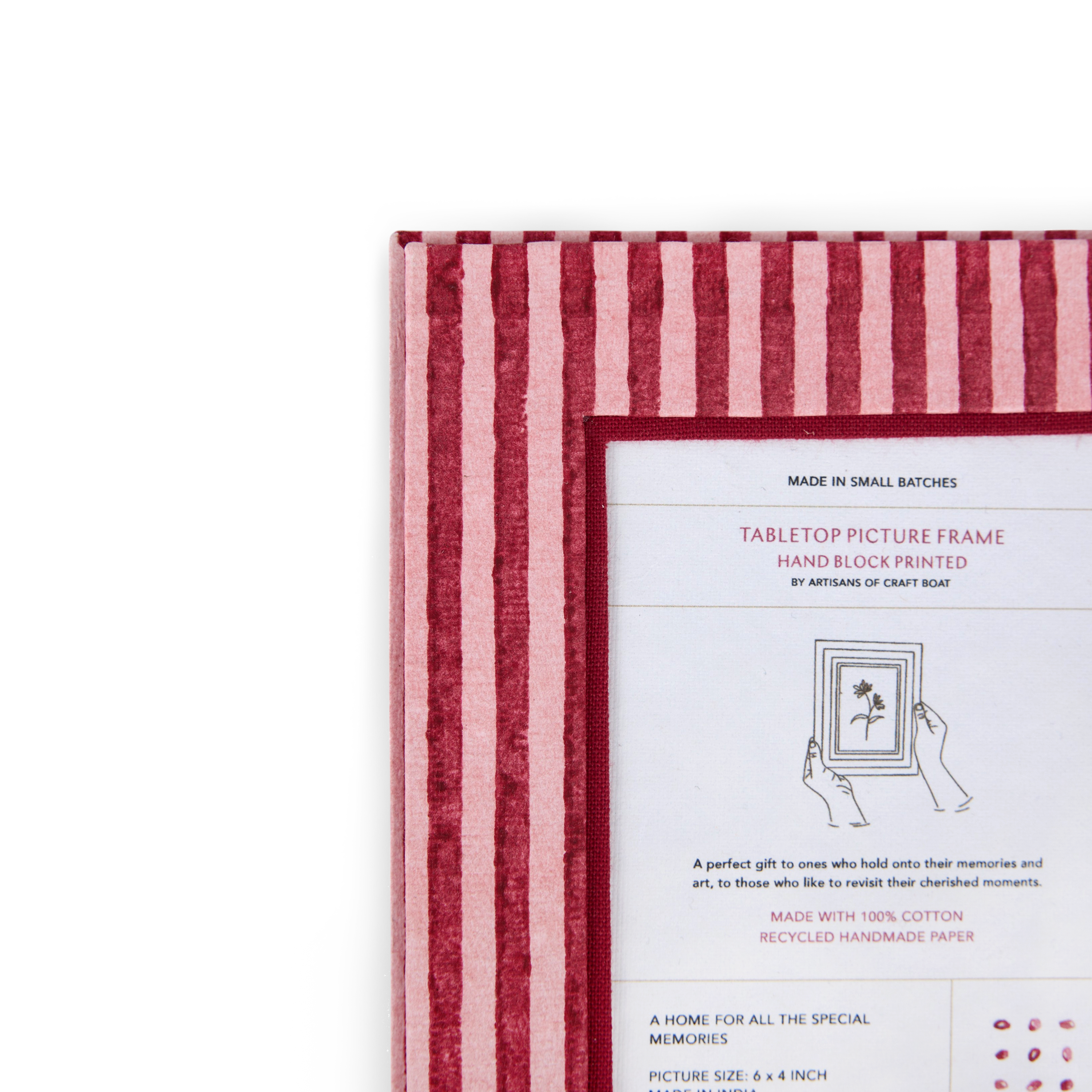 Garnet Red Classic Stripe – Hand Block Printed Tabletop Picture Frame (7.25" x 5.75", fits 6" x 4" photo)