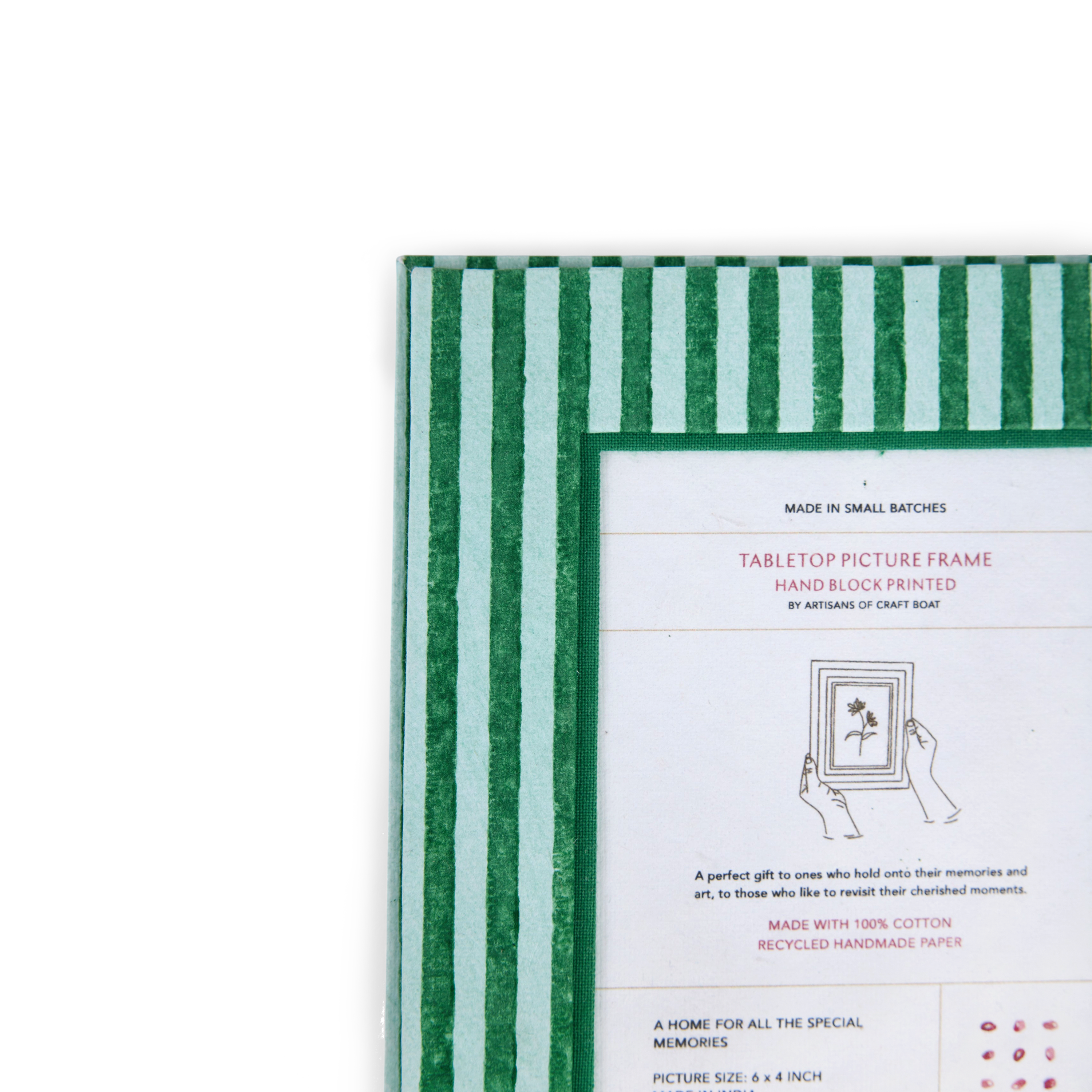 Celadon Green Classic Stripe – Hand Block Printed Tabletop Picture Frame (7.25" x 5.75", fits 6" x 4" photo)