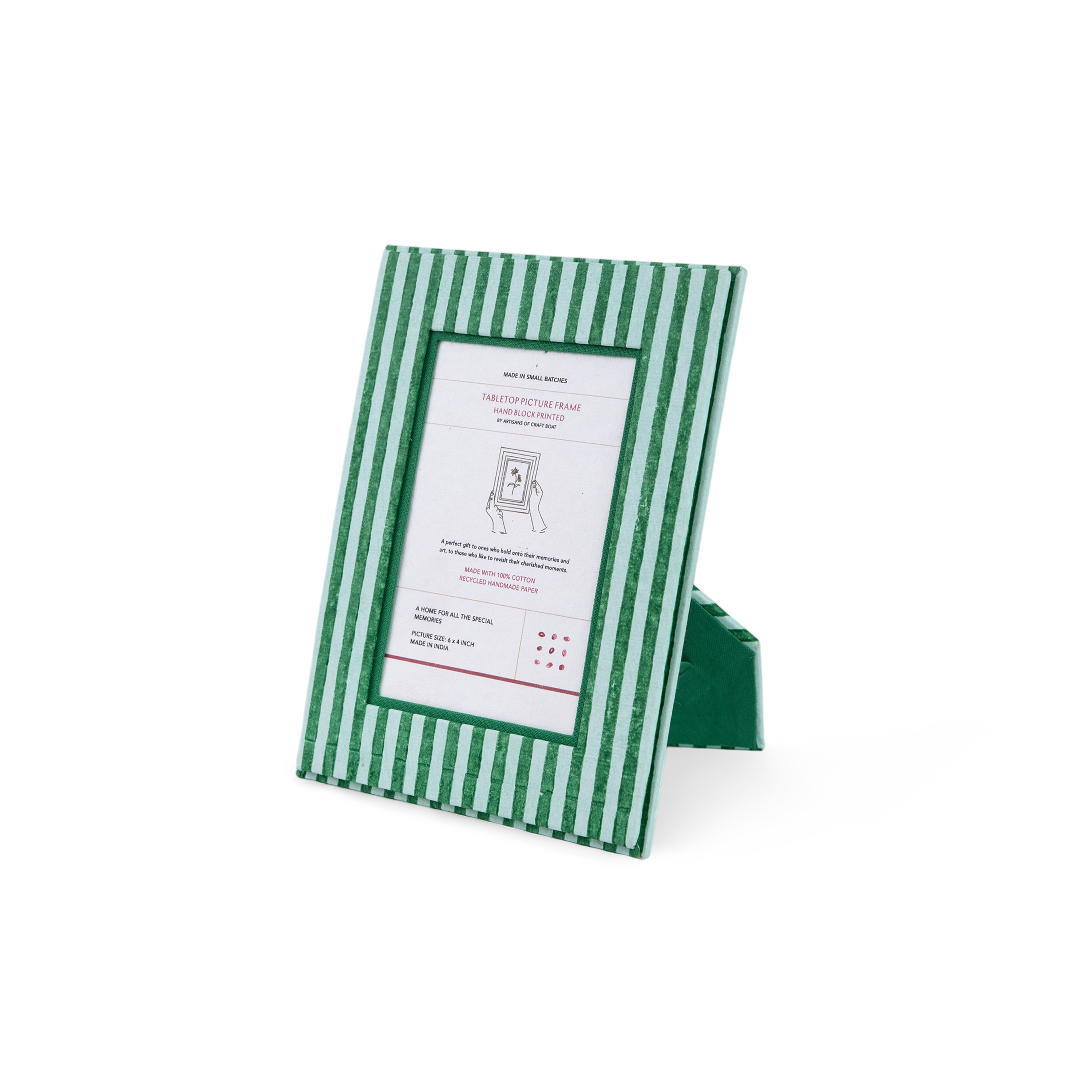 Celadon Green Classic Stripe – Hand Block Printed Tabletop Picture Frame (7.25" x 5.75", fits 6" x 4" photo)