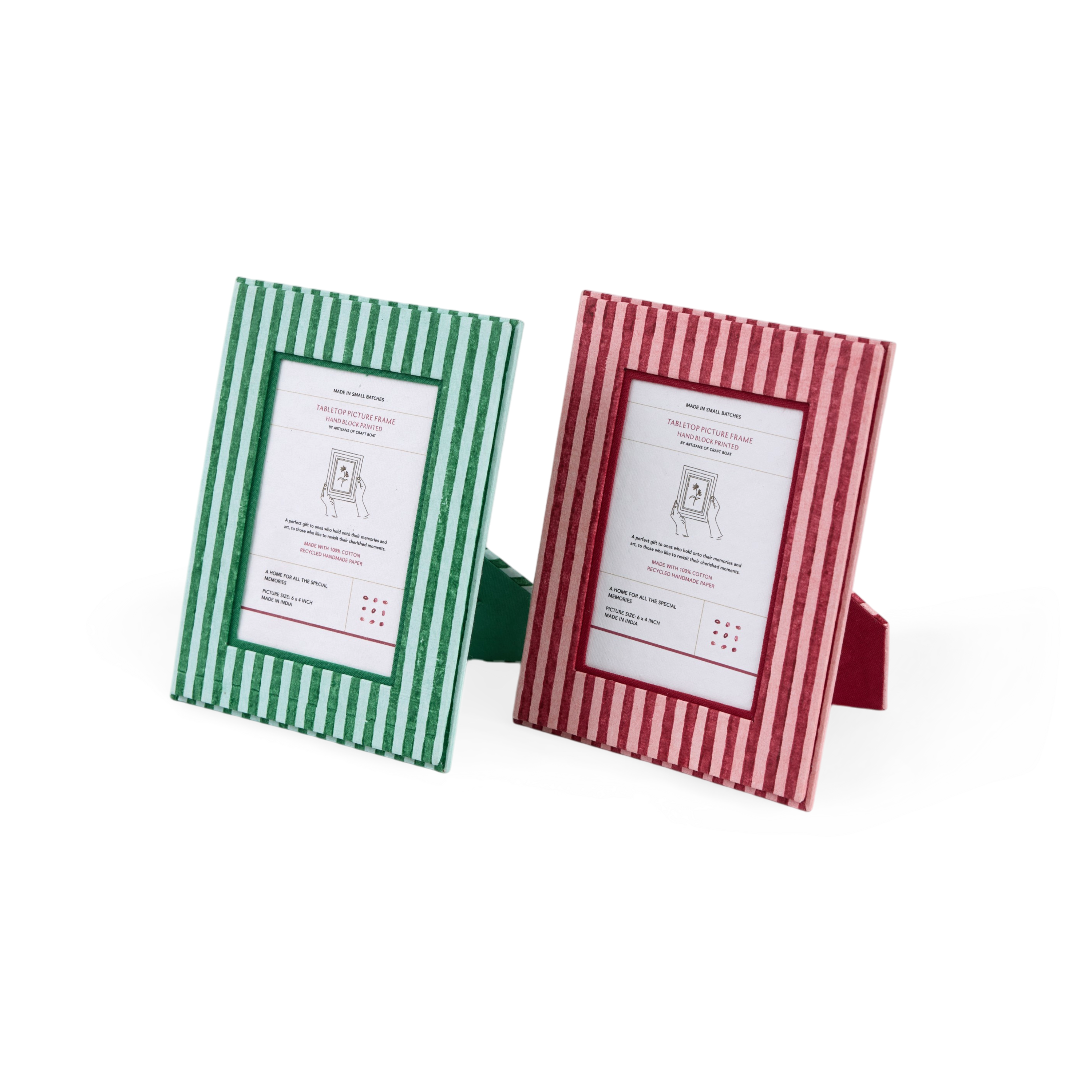 Celadon Green Classic Stripe – Hand Block Printed Tabletop Picture Frame (7.25" x 5.75", fits 6" x 4" photo)