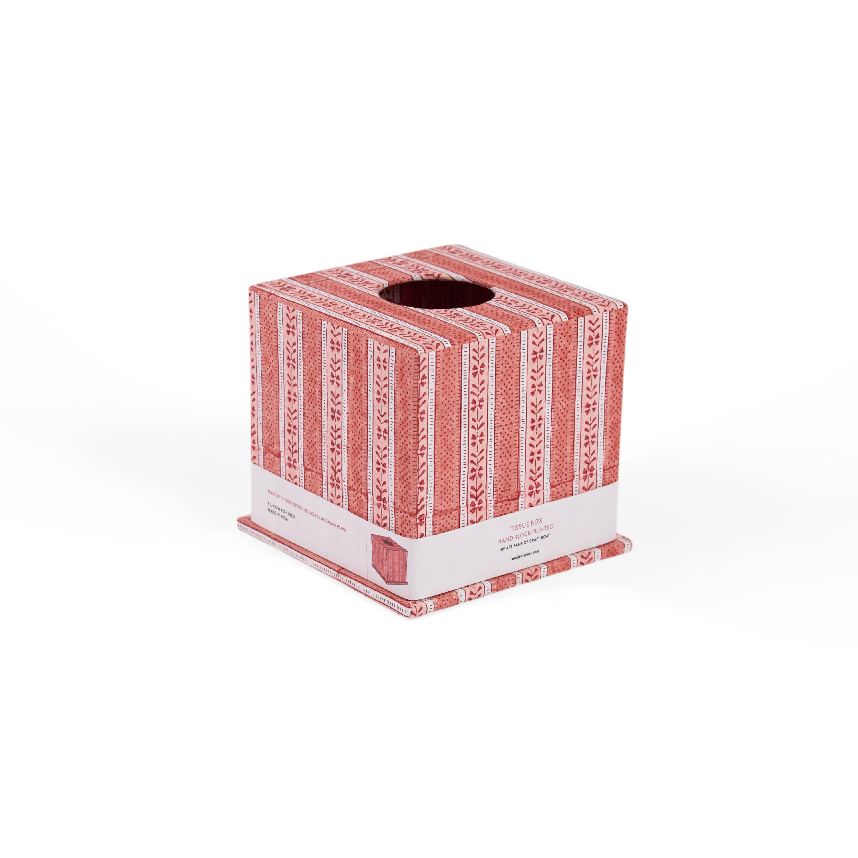 Garnet Red Floral Stripe – Hand Block Printed Tissue Box (5.25” H × 5” W × 5” D | 100% Recycled Cotton Paper)