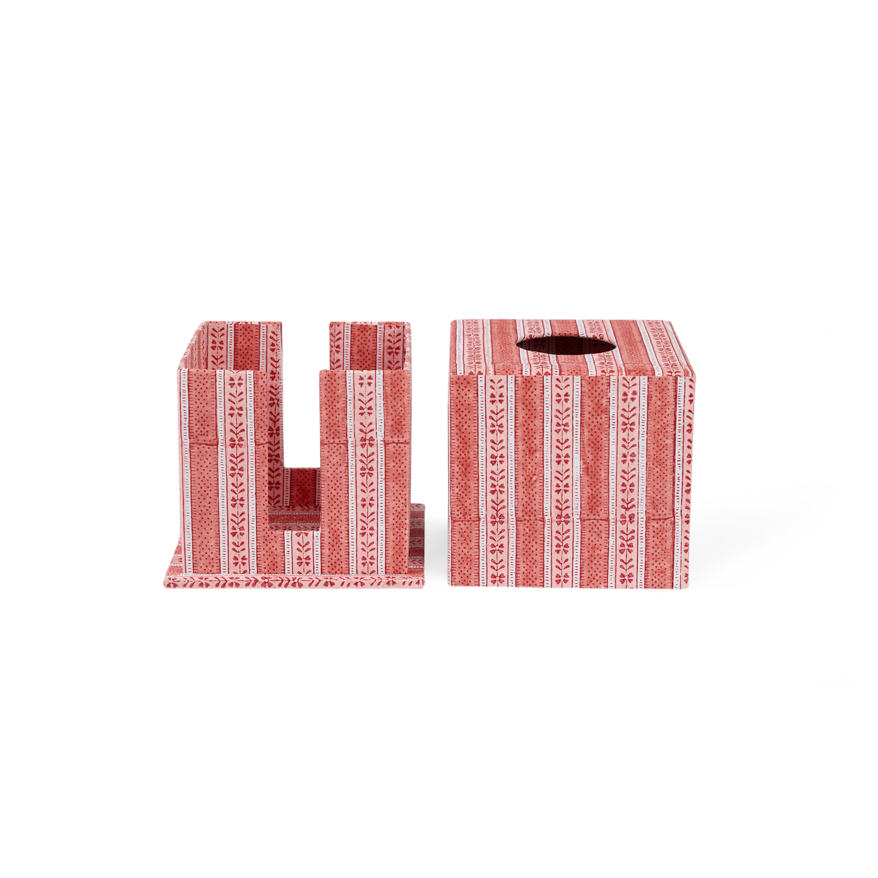 Garnet Red Floral Stripe – Hand Block Printed Tissue Box (5.25” H × 5” W × 5” D | 100% Recycled Cotton Paper)