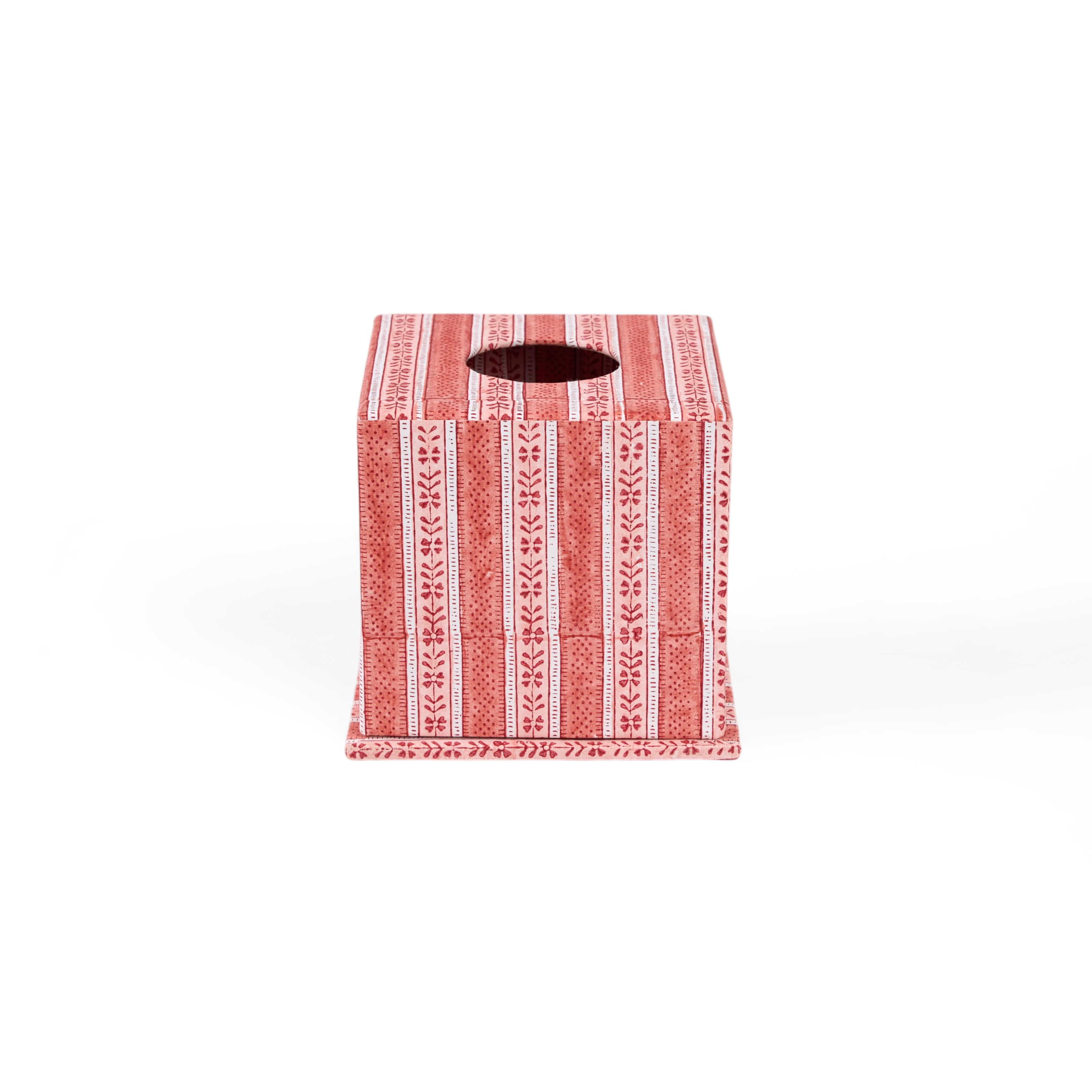 Garnet Red Floral Stripe – Hand Block Printed Tissue Box (5.25” H × 5” W × 5” D | 100% Recycled Cotton Paper)