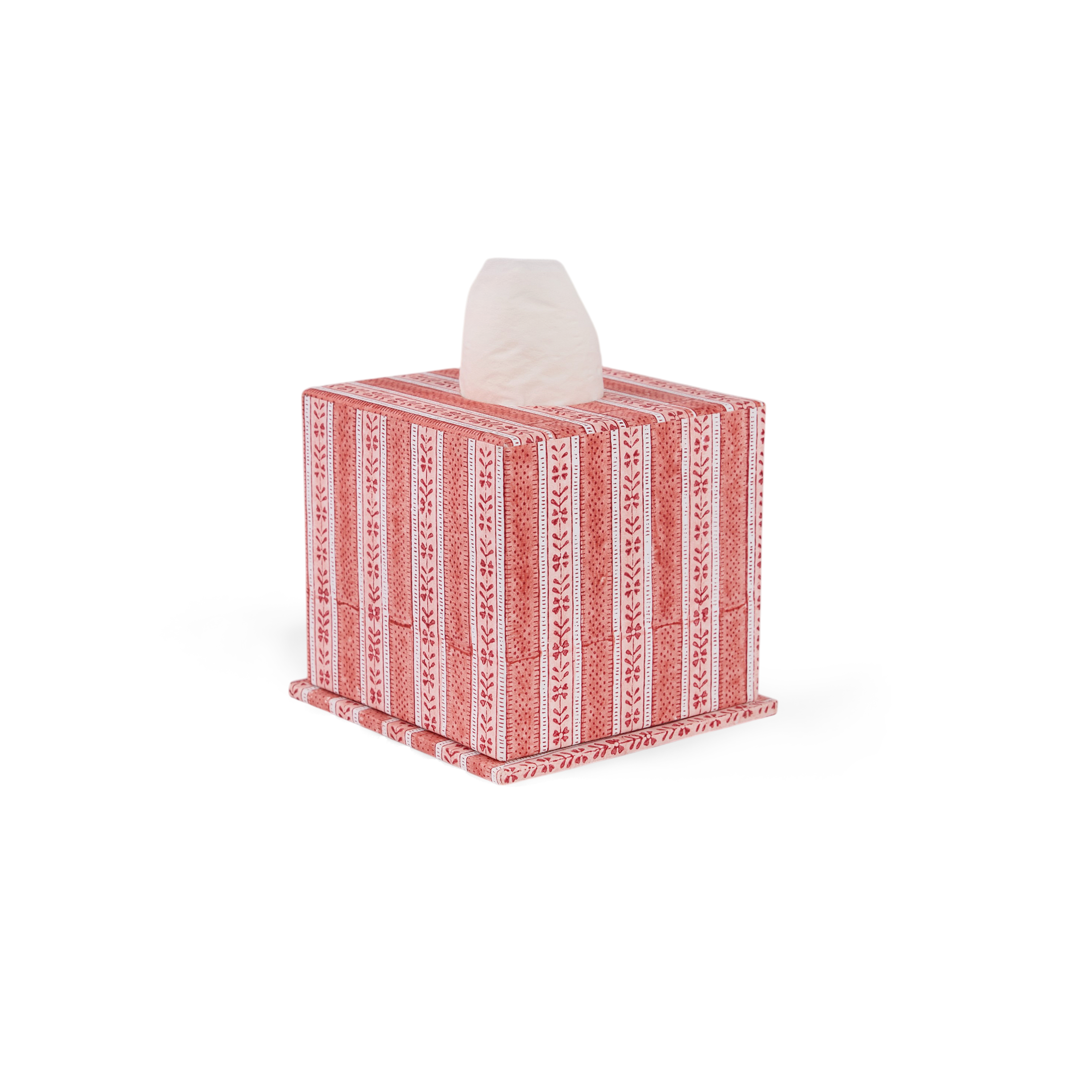 Garnet Red Floral Stripe – Hand Block Printed Tissue Box (5.25” H × 5” W × 5” D | 100% Recycled Cotton Paper)