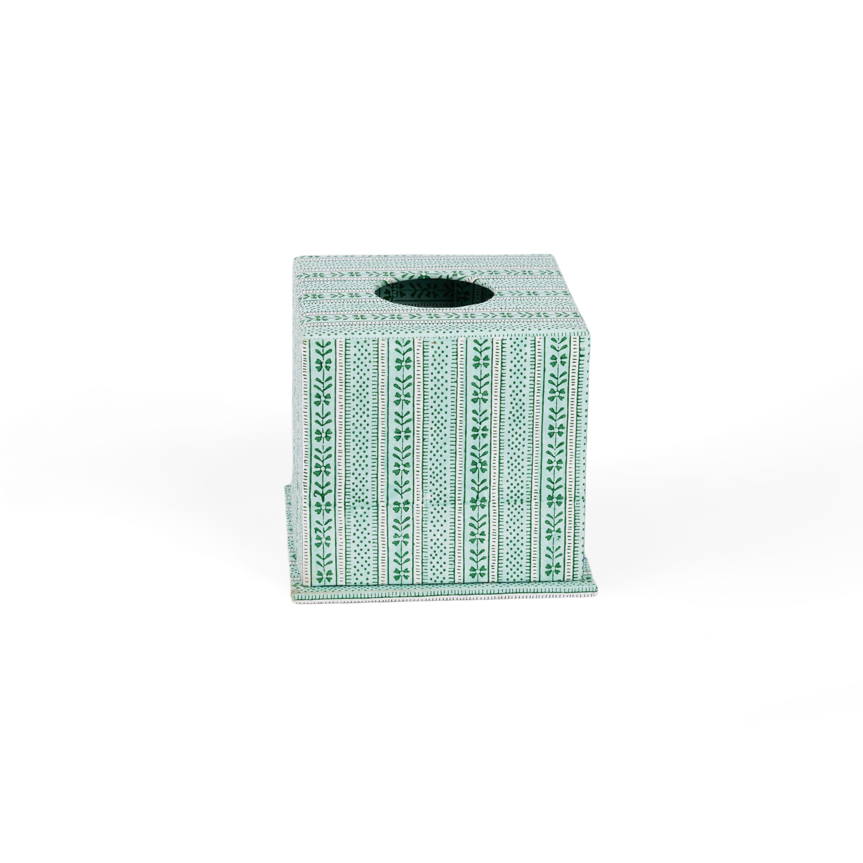 Celadon Green Floral Stripe – Hand Block Printed Tissue Box (5.25” H × 5” W × 5” D | 100% Recycled Cotton Paper)