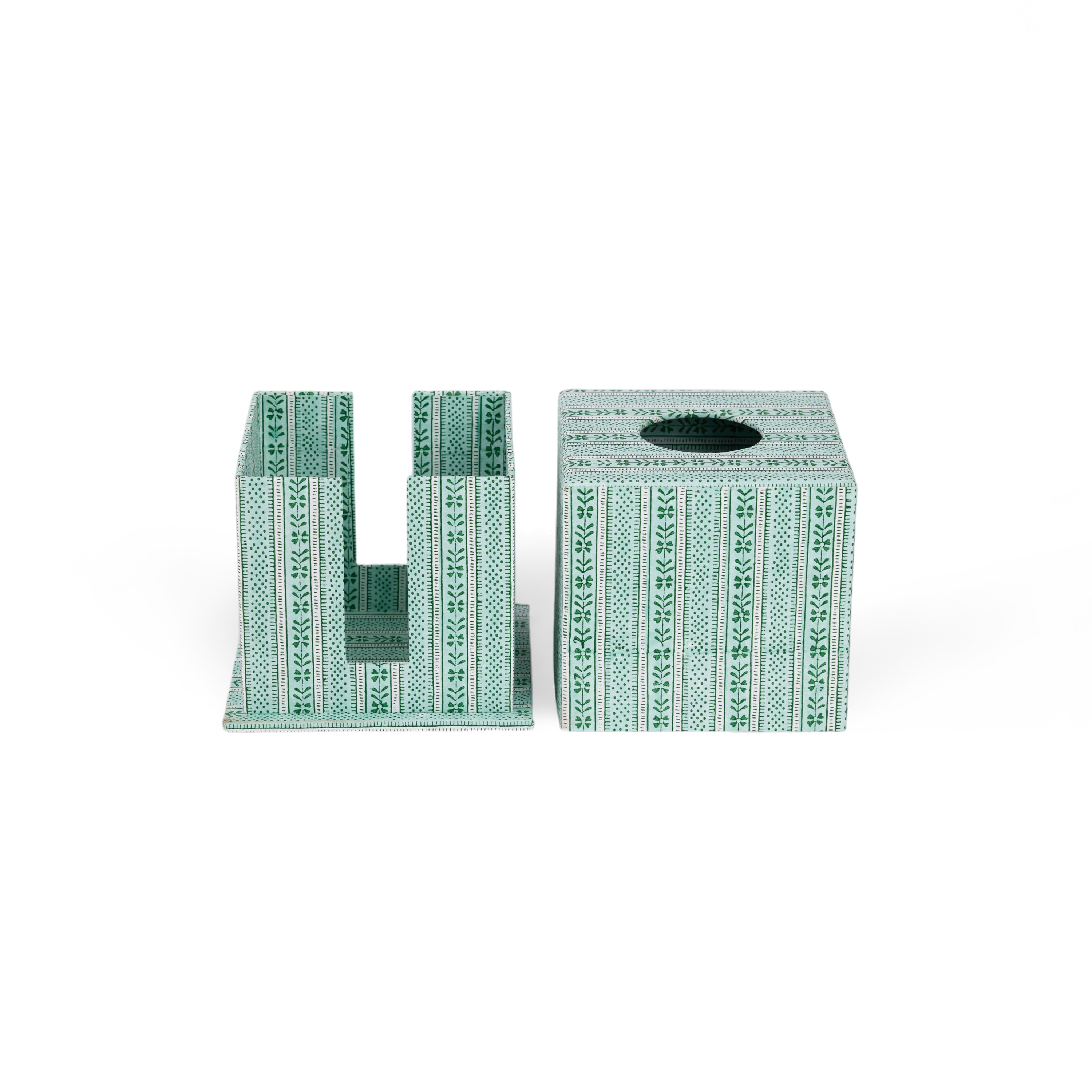 Celadon Green Floral Stripe – Hand Block Printed Tissue Box (5.25” H × 5” W × 5” D | 100% Recycled Cotton Paper)
