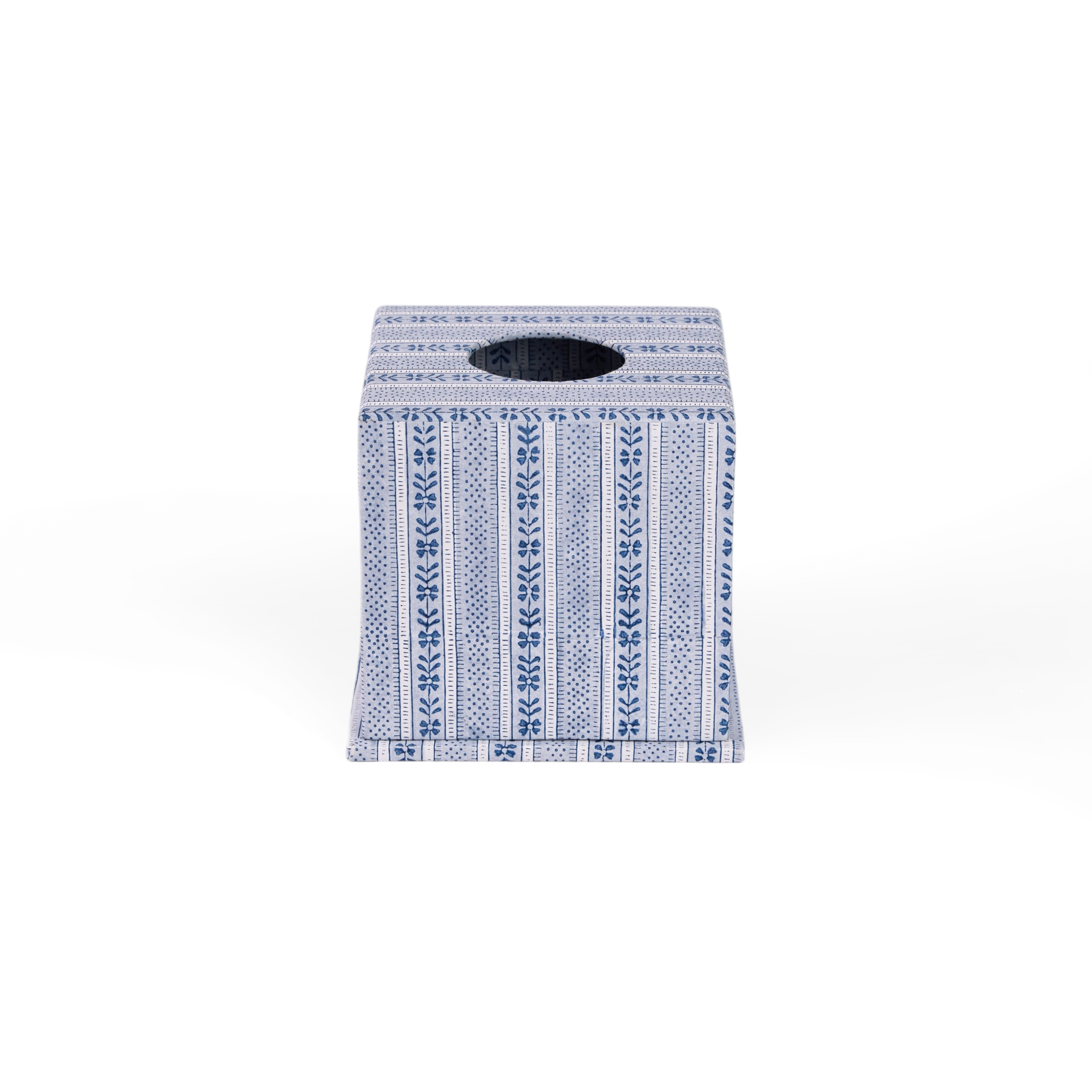 Harbor Blue Floral Stripe – Hand Block Printed Tissue Box (5.25” H × 5” W × 5” D | 100% Recycled Cotton Paper)