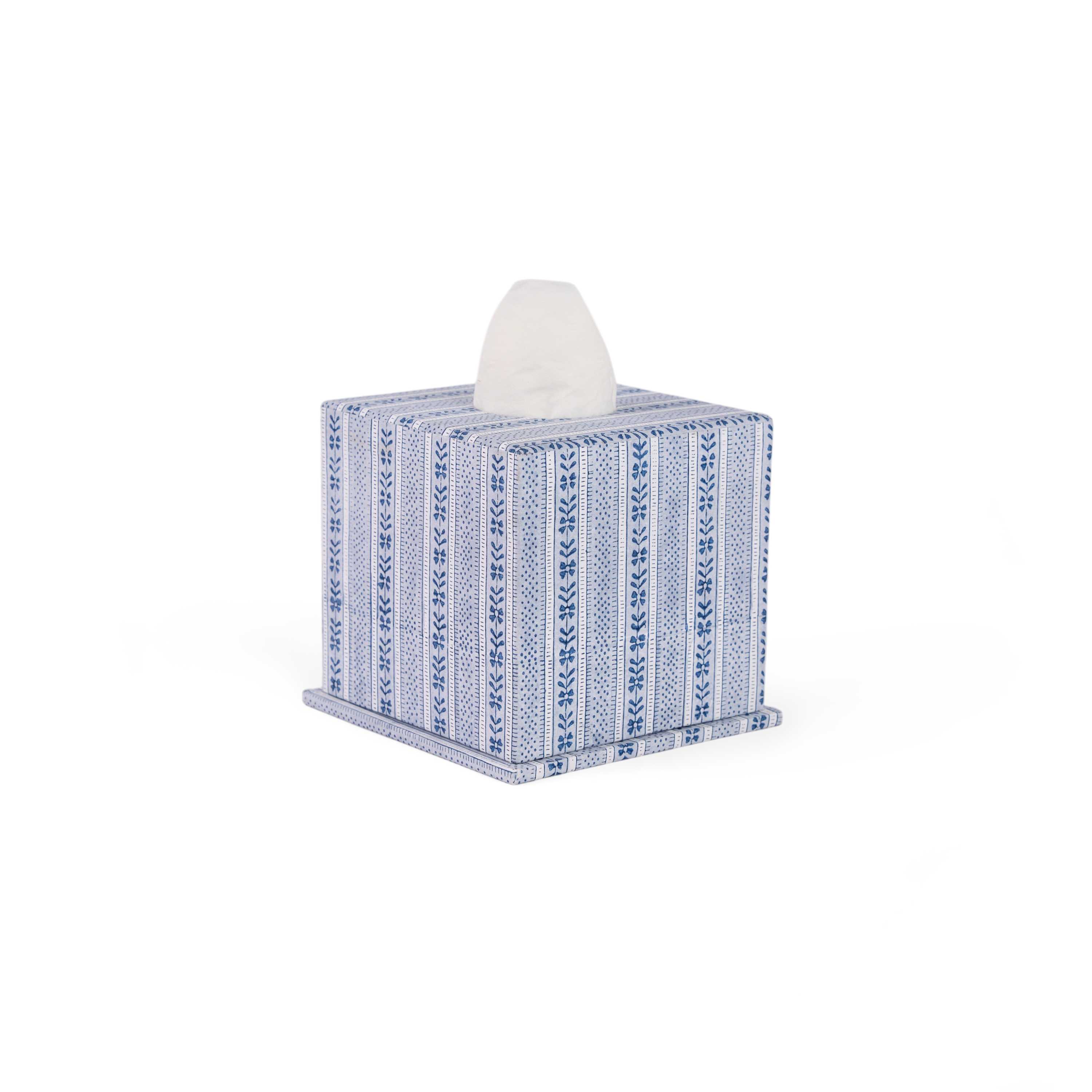 Harbor Blue Floral Stripe – Hand Block Printed Tissue Box (5.25” H × 5” W × 5” D | 100% Recycled Cotton Paper)