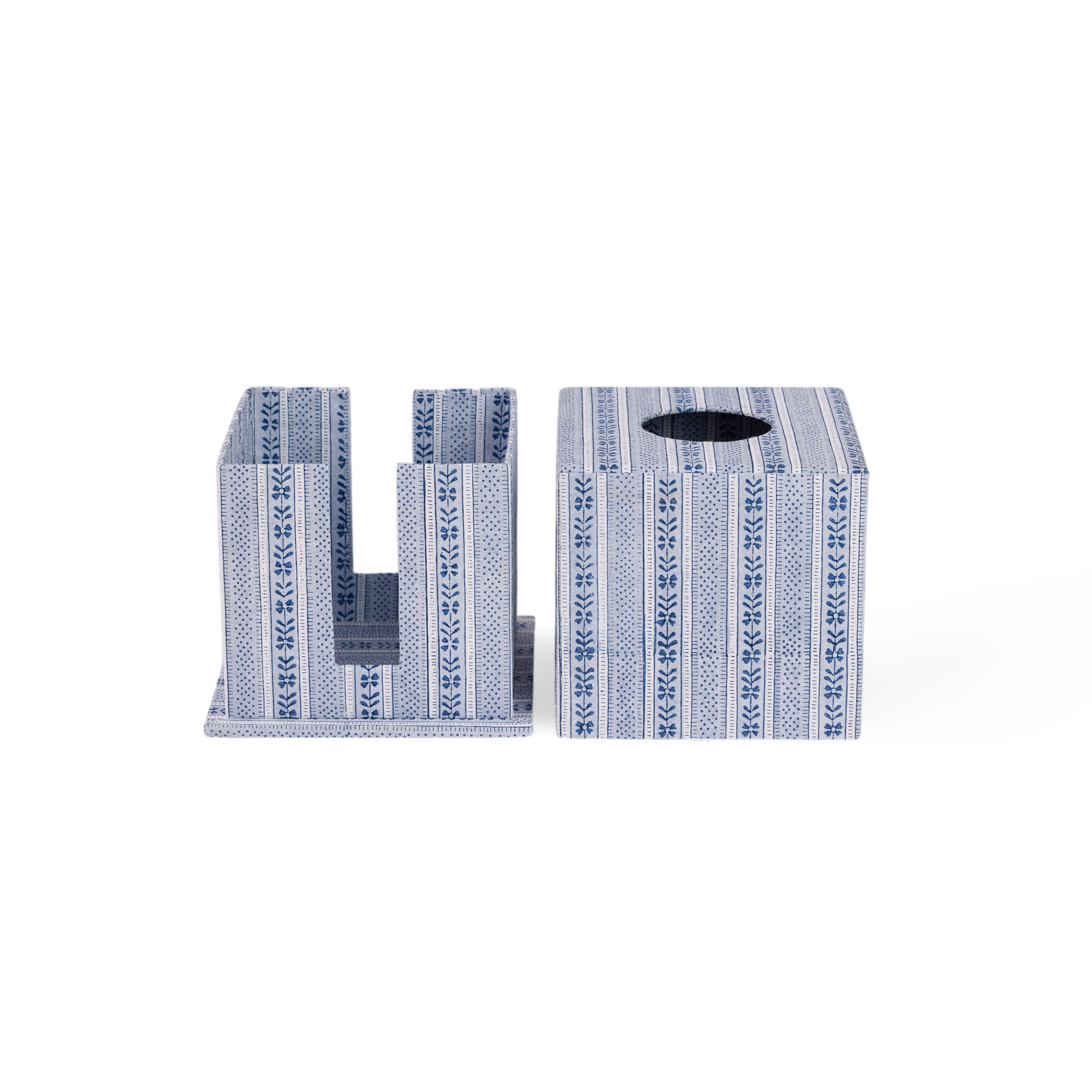 Harbor Blue Floral Stripe – Hand Block Printed Tissue Box (5.25” H × 5” W × 5” D | 100% Recycled Cotton Paper)