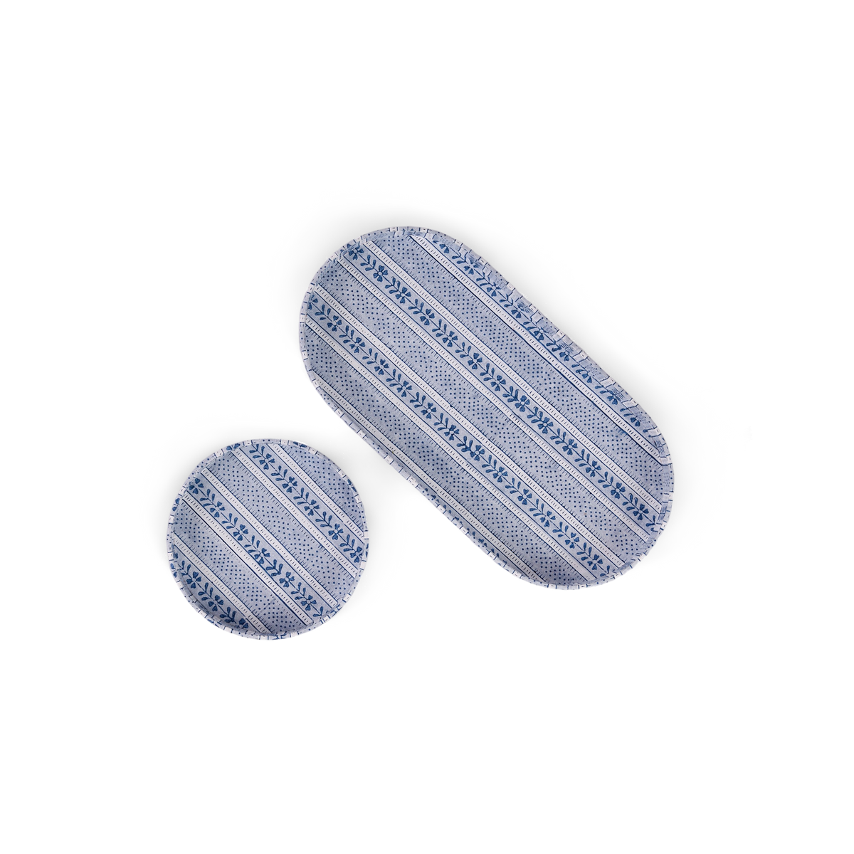 Harbor Blue Floral Stripe  – Hand Block Printed Tray Set (Set of 2) (Large: 4.5" x 9" x 1") (Small: 4" x 4" x 0.6")