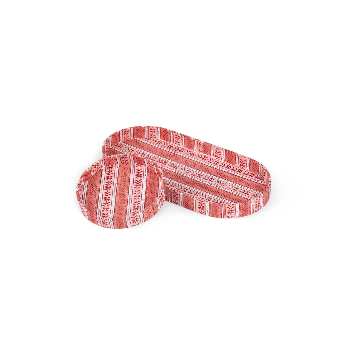 Garnet Red Floral Stripe  – Hand Block Printed Tray Set (Set of 2) (Large: 4.5" x 9" x 1") (Small: 4" x 4" x 0.6")