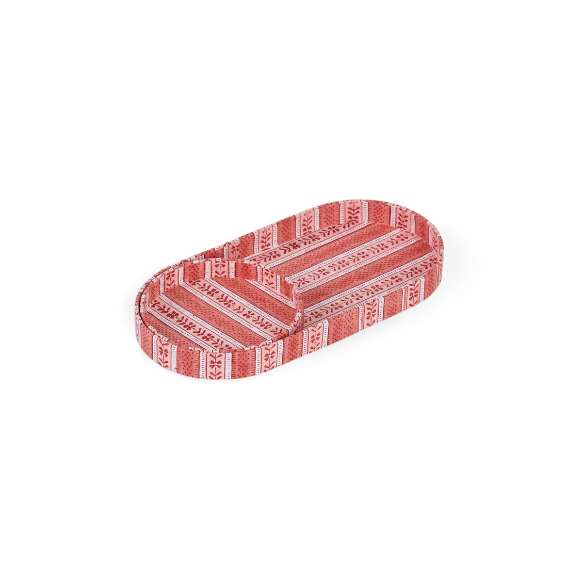 Garnet Red Floral Stripe  – Hand Block Printed Tray Set (Set of 2) (Large: 4.5" x 9" x 1") (Small: 4" x 4" x 0.6")