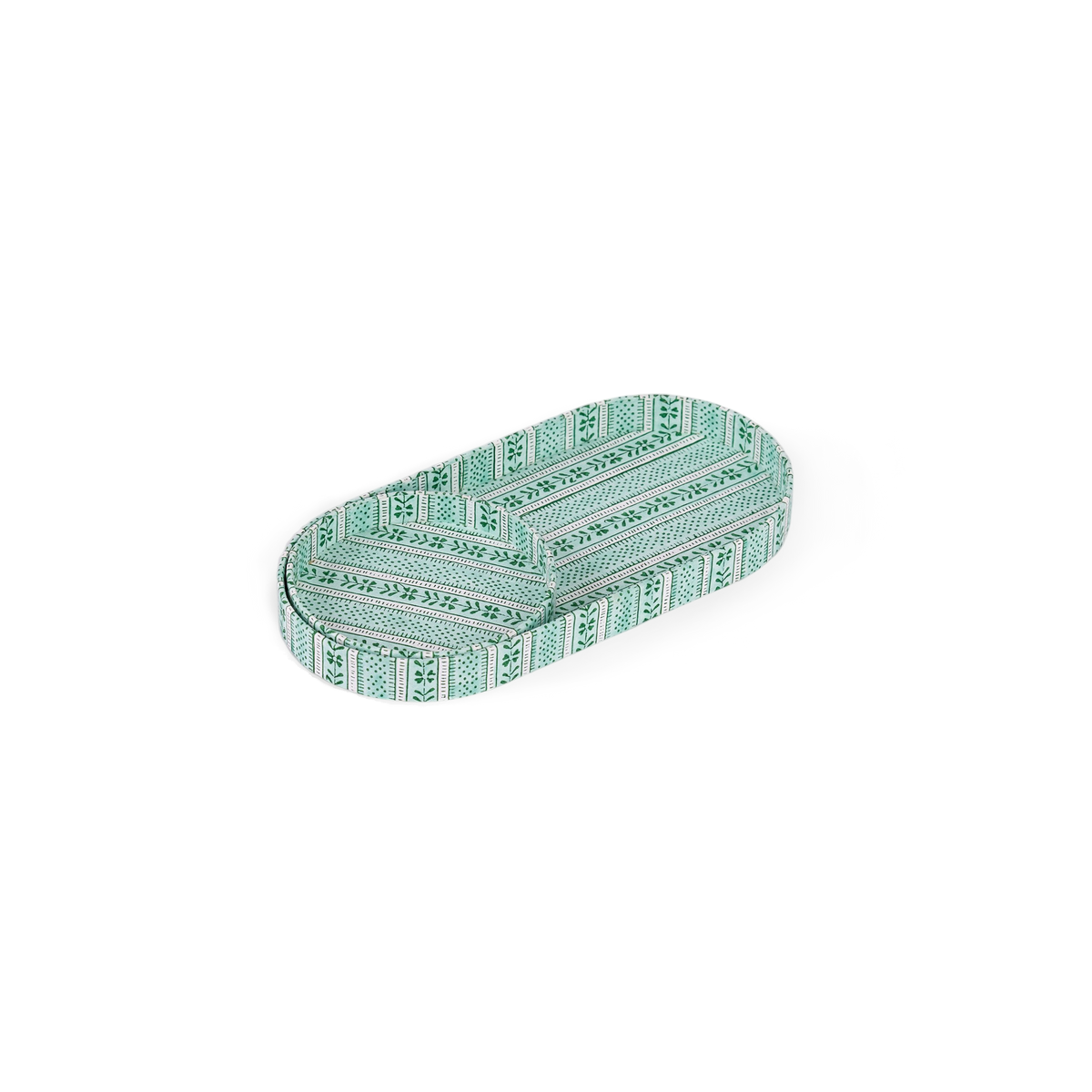 Celadon Green Floral Stripe  – Hand Block Printed Tray Set (Set of 2) (Large: 4.5" x 9" x 1") (Small: 4" x 4" x 0.6")