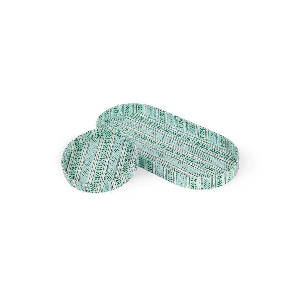 Celadon Green Floral Stripe  – Hand Block Printed Tray Set (Set of 2) (Large: 4.5" x 9" x 1") (Small: 4" x 4" x 0.6")