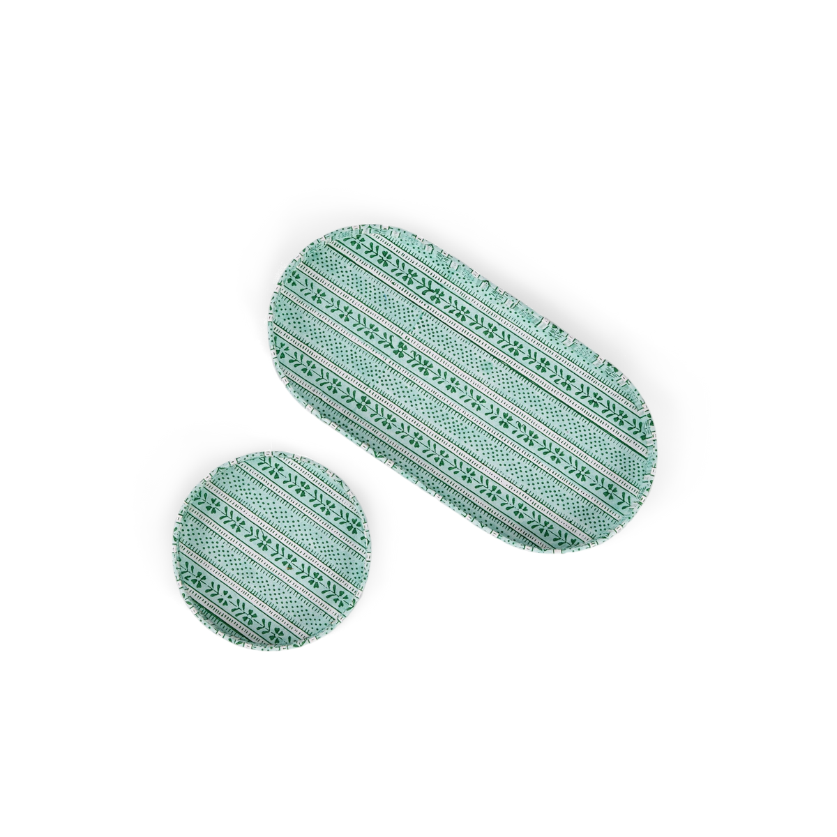 Celadon Green Floral Stripe  – Hand Block Printed Tray Set (Set of 2) (Large: 4.5" x 9" x 1") (Small: 4" x 4" x 0.6")