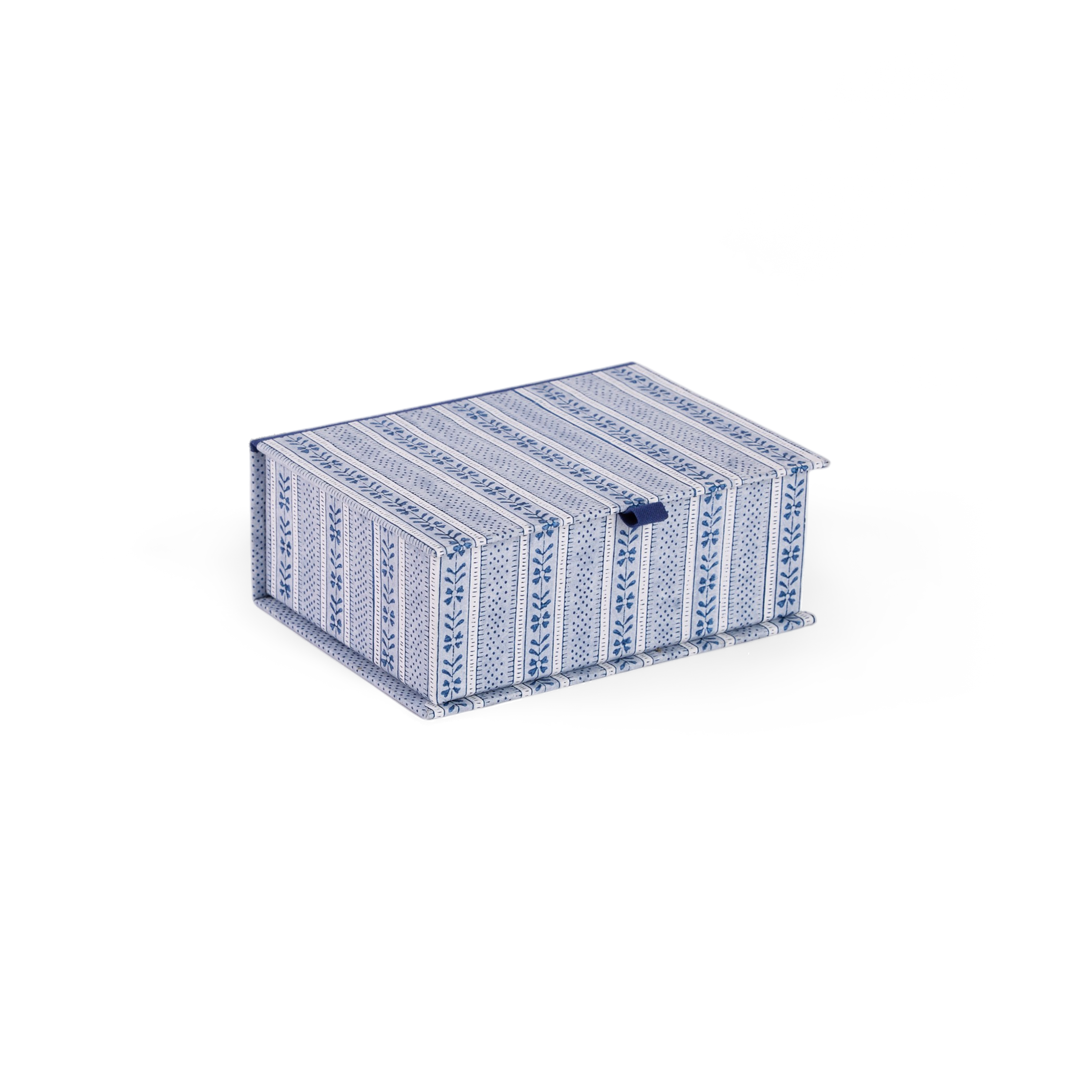 Harbor Blue Floral Stripe – Hand Block Printed Keepsake Box (6.75” x 5” x 2.75” | 100% Recycled Cotton Paper)
