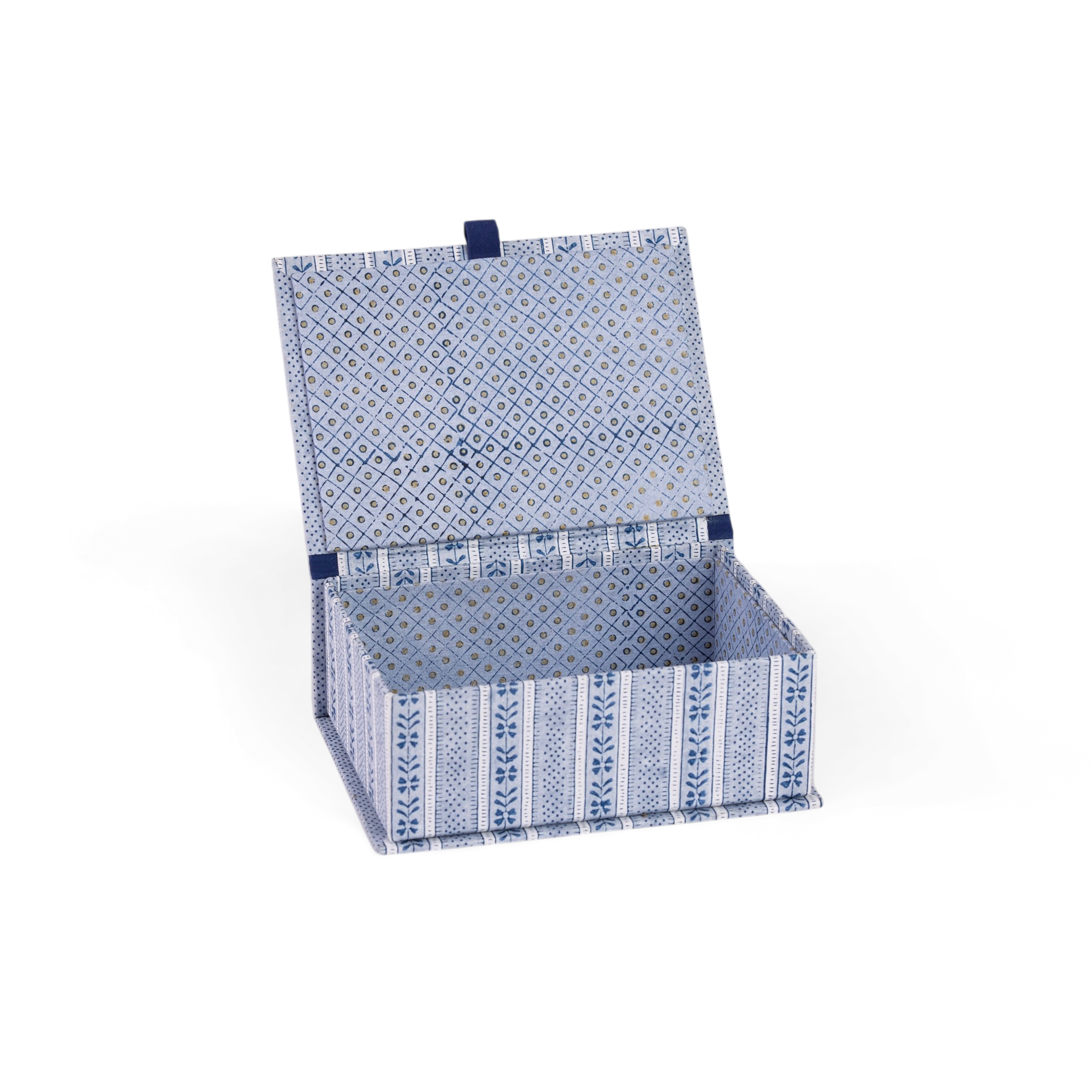 Harbor Blue Floral Stripe – Hand Block Printed Keepsake Box (6.75” x 5” x 2.75” | 100% Recycled Cotton Paper)