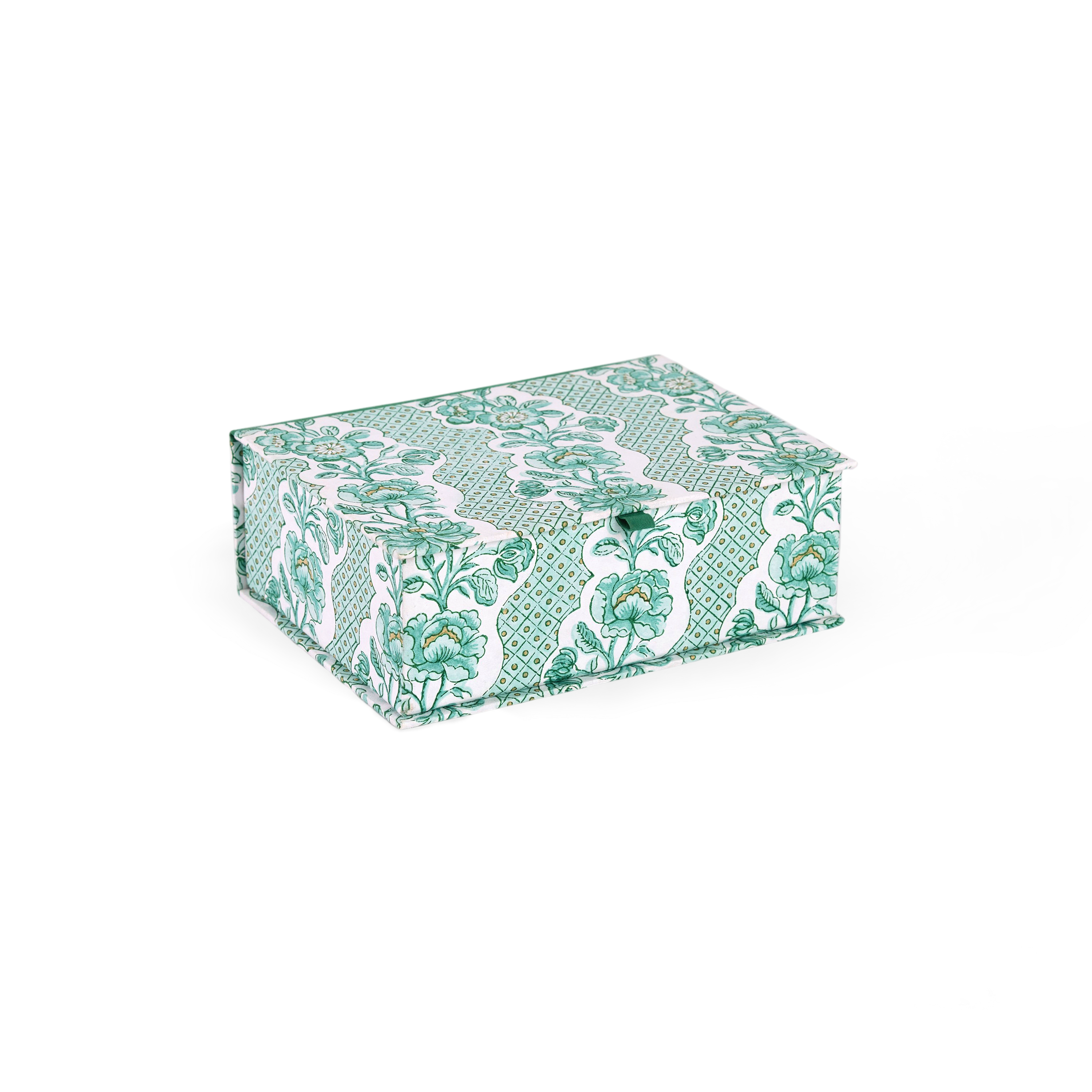 Celadon Green Blooming Trellis – Hand Block Printed Keepsake Box (9.5" x 7" x 3.5" | 100% Recycled Cotton Paper)