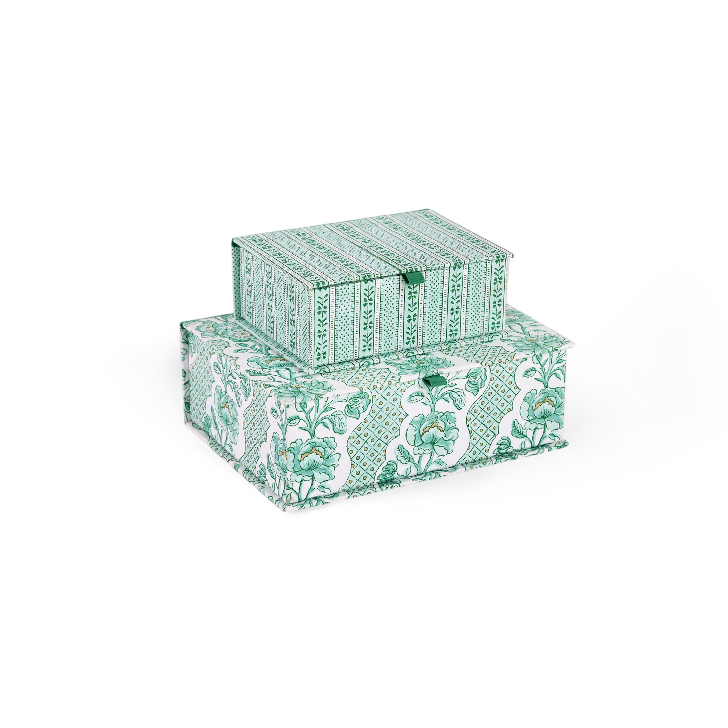 Celadon Green Floral Stripe – Hand Block Printed Keepsake Box (6.75” x 5” x 2.75” | 100% Recycled Cotton Paper)