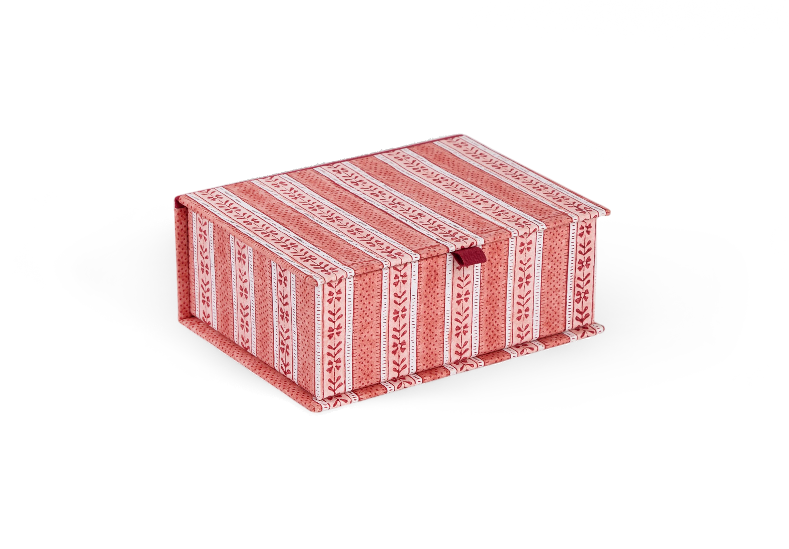 Garnet Red Floral Stripe – Hand Block Printed Keepsake Box (6.75” x 5” x 2.75” | 100% Recycled Cotton Paper)