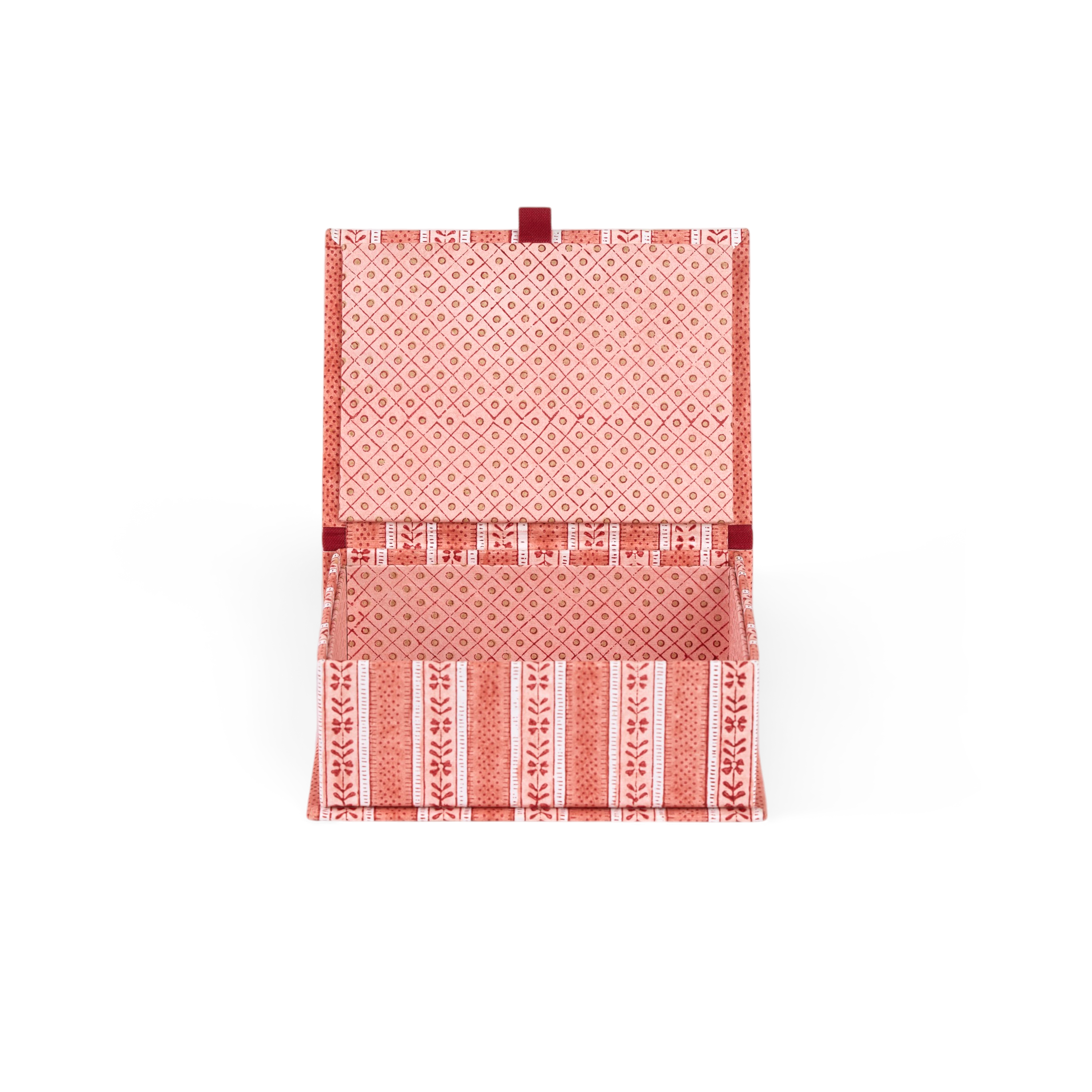Garnet Red Floral Stripe – Hand Block Printed Keepsake Box (6.75” x 5” x 2.75” | 100% Recycled Cotton Paper)
