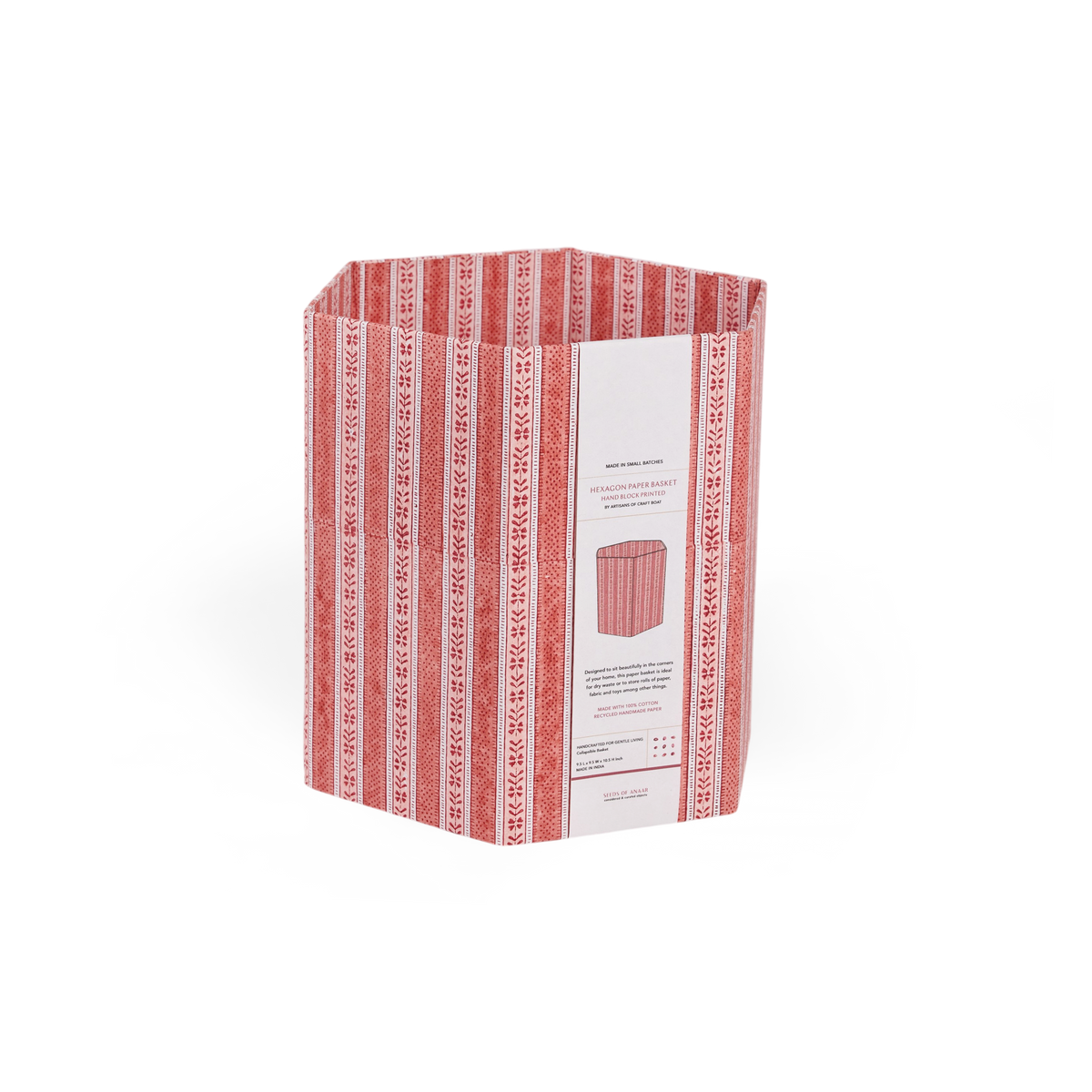 Garnet Red Floral Stripe – Hand Block Printed Collapsible Basket (9.5" x 9.5" x 10.5")