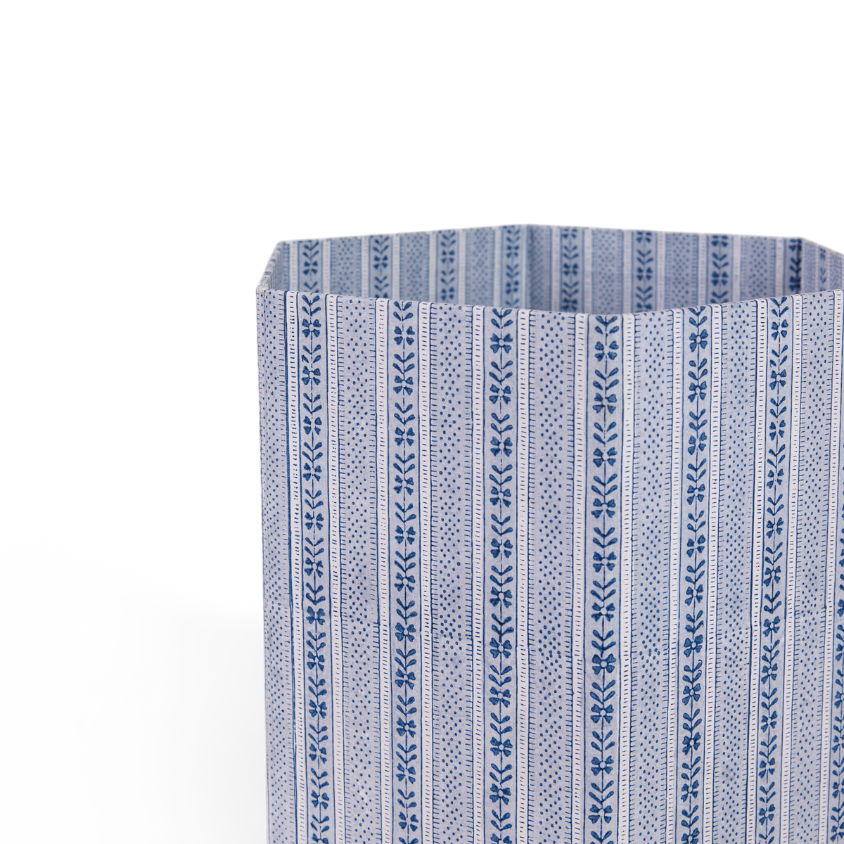 Harbor Blue Floral Stripe – Hand Block Printed Collapsible Basket (9.5" x 9.5" x 10.5")