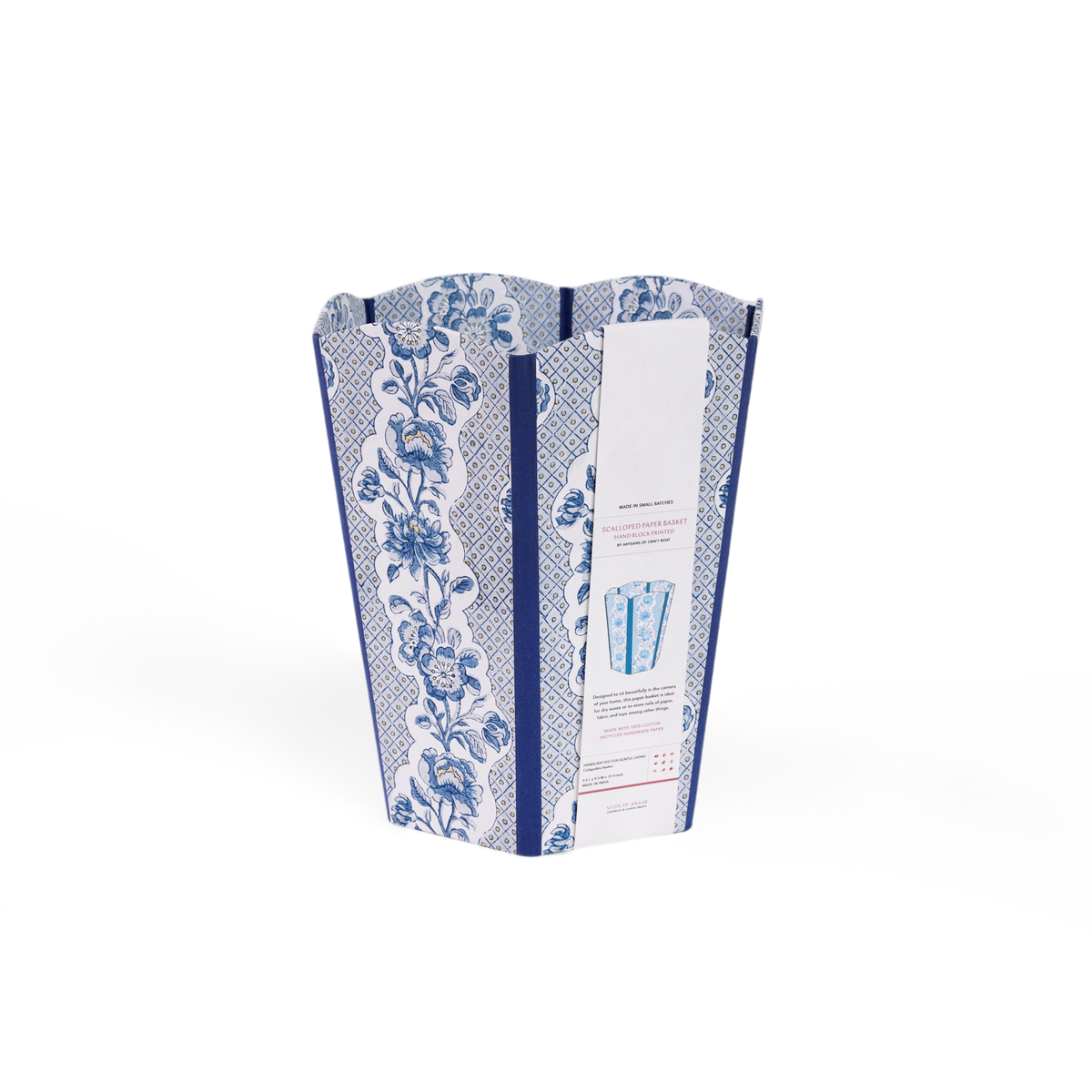 Harbor Blue Blooming Trellis – Hand Block Printed Scalloped Basket (9.5" W x 9.5" D x 12" H)