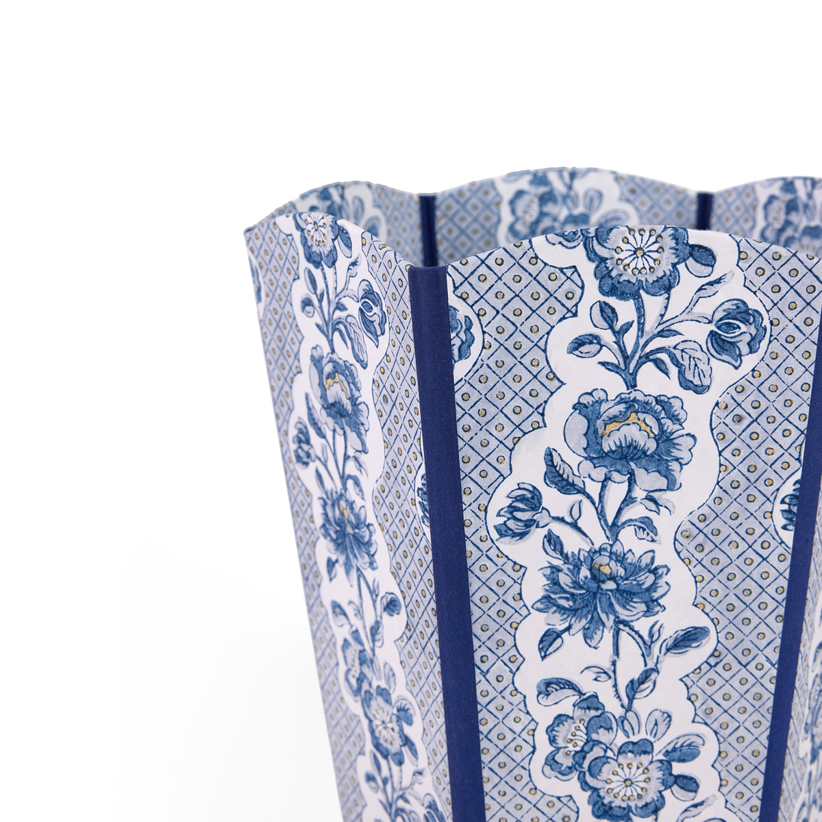 Harbor Blue Blooming Trellis – Hand Block Printed Scalloped Basket (9.5" W x 9.5" D x 12" H)