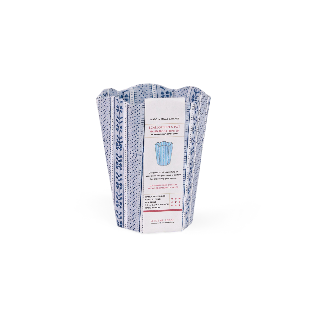 Harbor Blue Floral Stripe – Hand Block Printed Scalloped Pen Pot  (3.25" W x 3.25" D x 4.5" H)