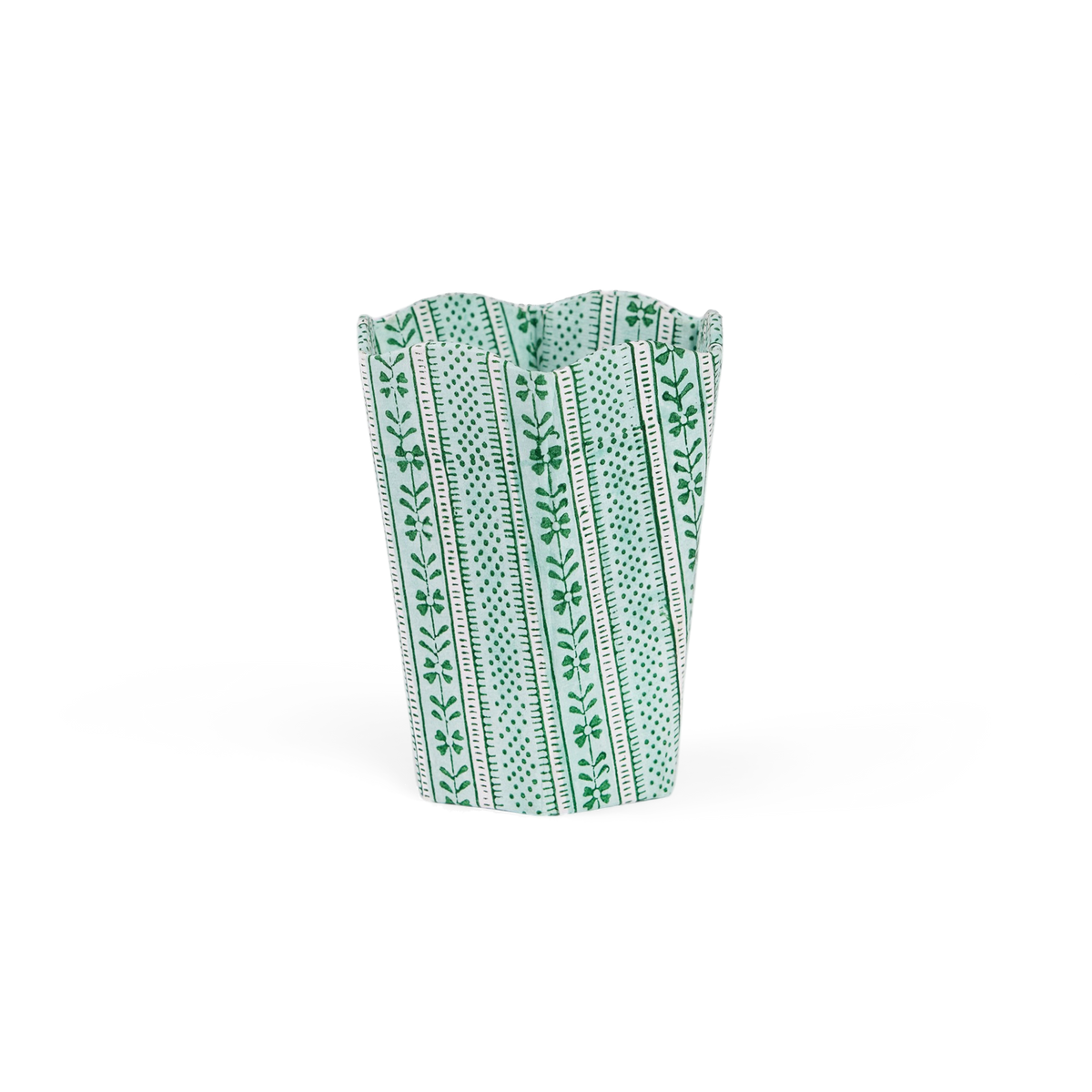 Celadon Green Floral Stripe – Hand Block Printed Scalloped Pen Pot  (3.25" W x 3.25" D x 4.5" H)