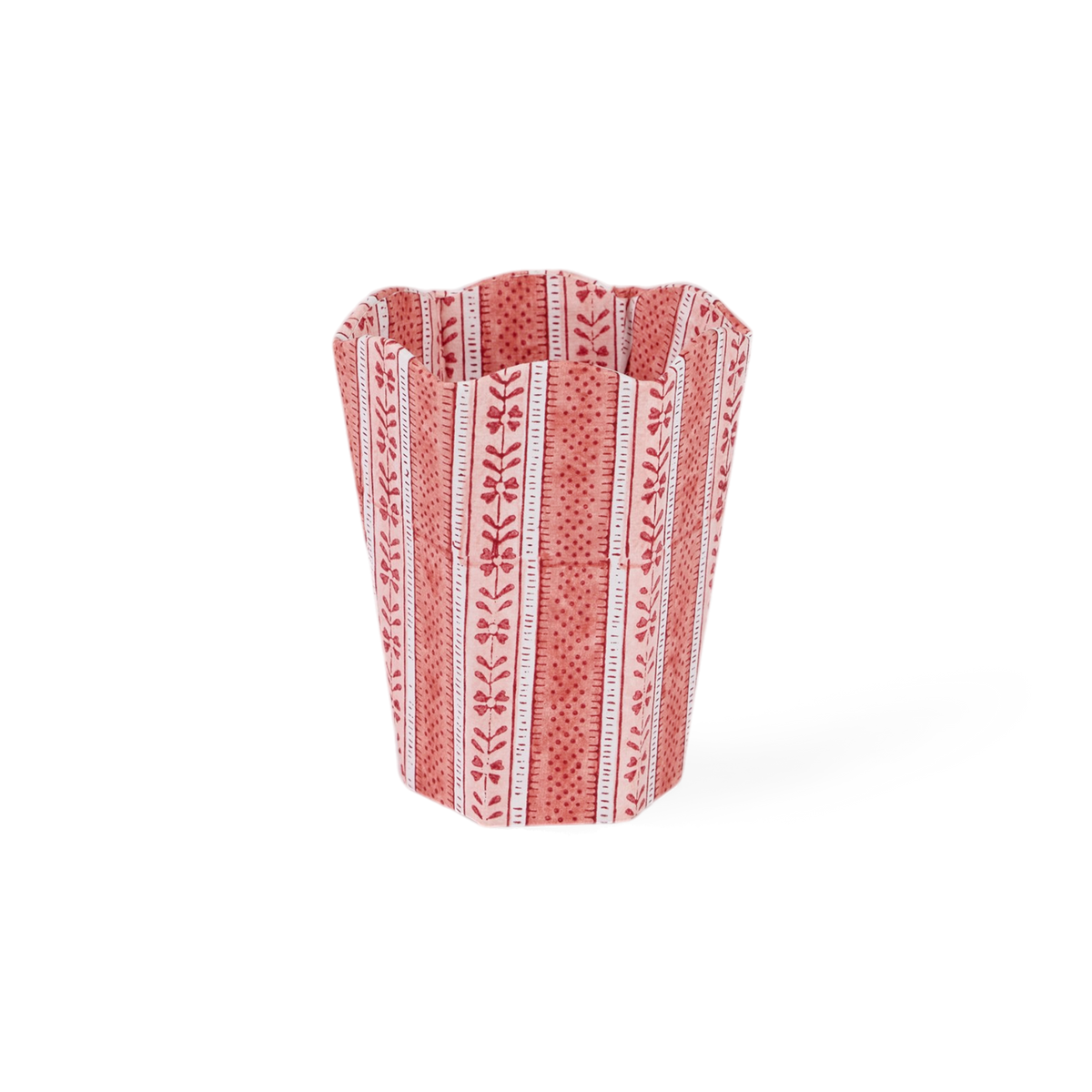 Garnet Red Floral Stripe – Hand Block Printed Scalloped Pen Pot  (3.25" W x 3.25" D x 4.5" H )