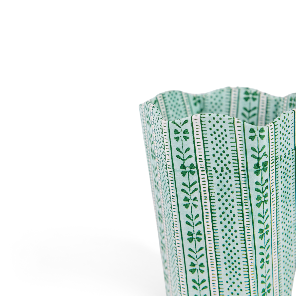 Celadon Green Floral Stripe – Hand Block Printed Scalloped Pen Pot  (3.25" W x 3.25" D x 4.5" H)