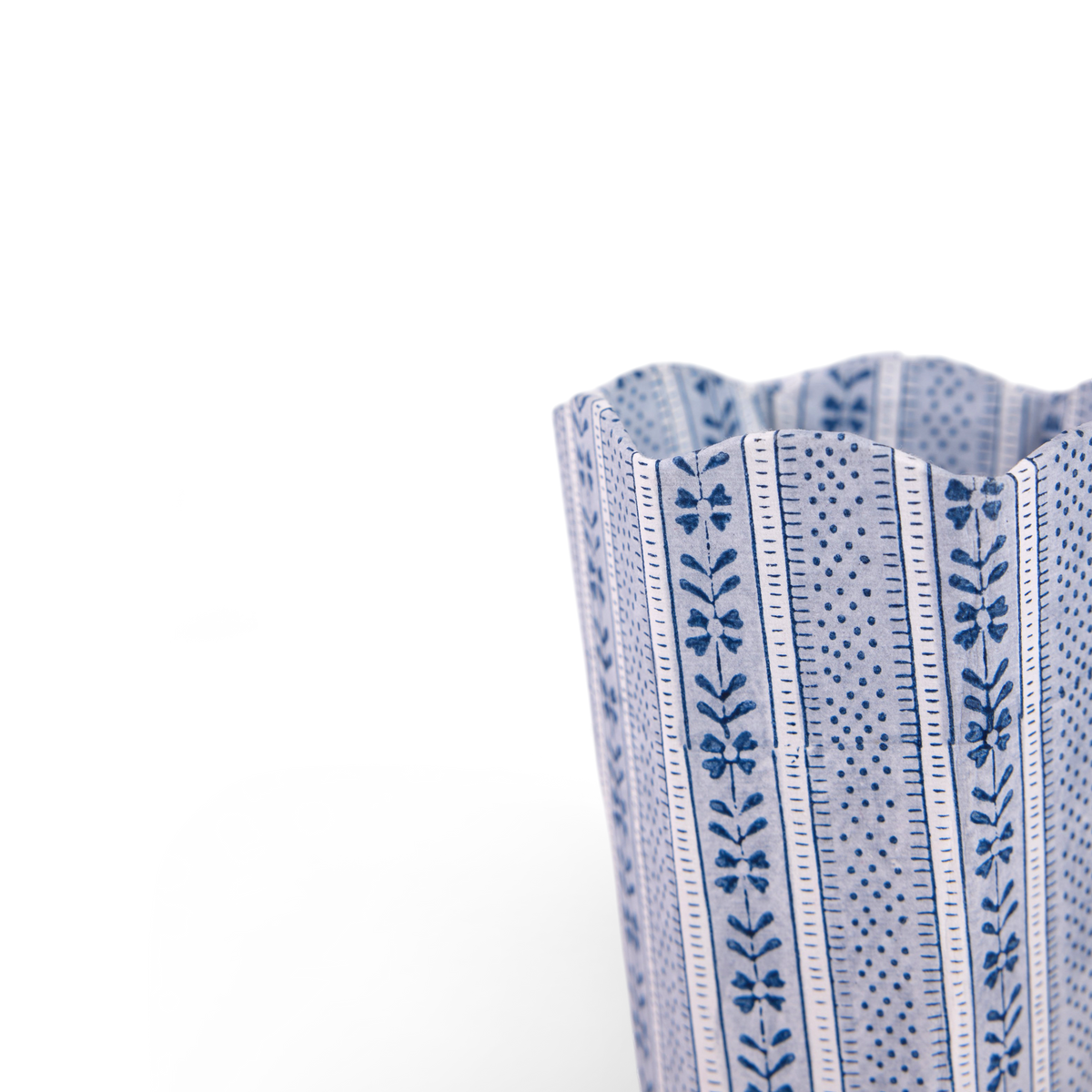 Harbor Blue Floral Stripe – Hand Block Printed Scalloped Pen Pot  (3.25" W x 3.25" D x 4.5" H)