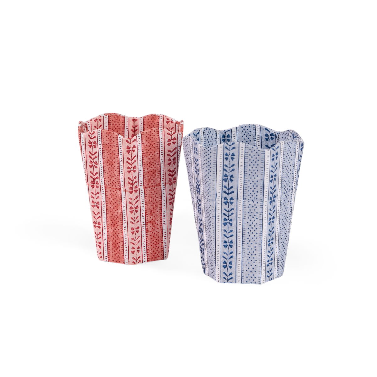 Garnet Red Floral Stripe – Hand Block Printed Scalloped Pen Pot  (3.25" W x 3.25" D x 4.5" H )