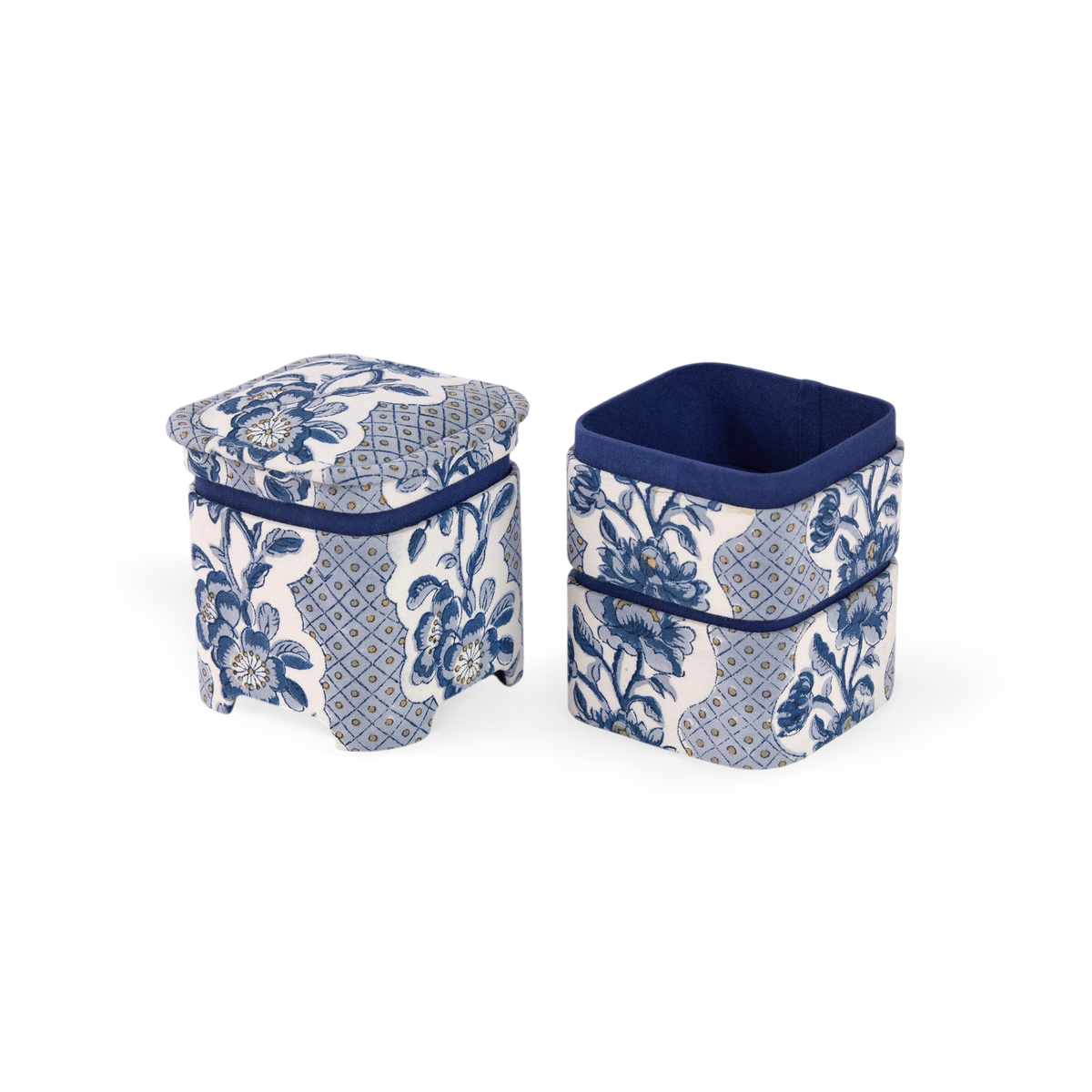 Harbor Blue Blooming Trellis – Hand Block Printed Organizer Set (4" × 4" × 8" | Set of 3)