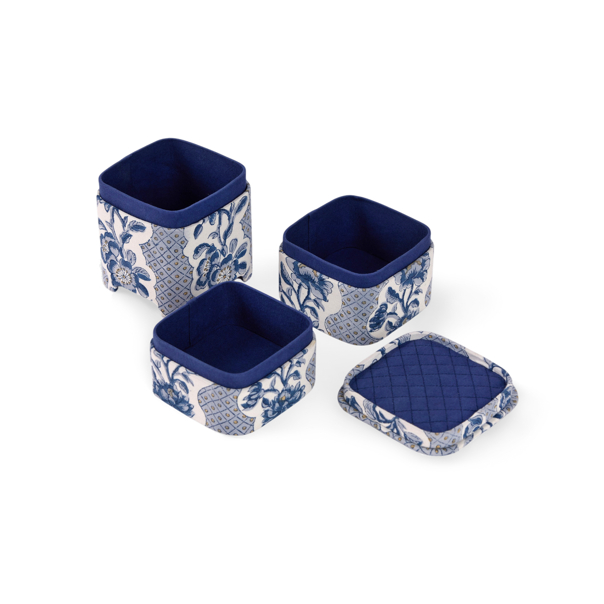 Harbor Blue Blooming Trellis – Hand Block Printed Organizer Set (4" × 4" × 8" | Set of 3)